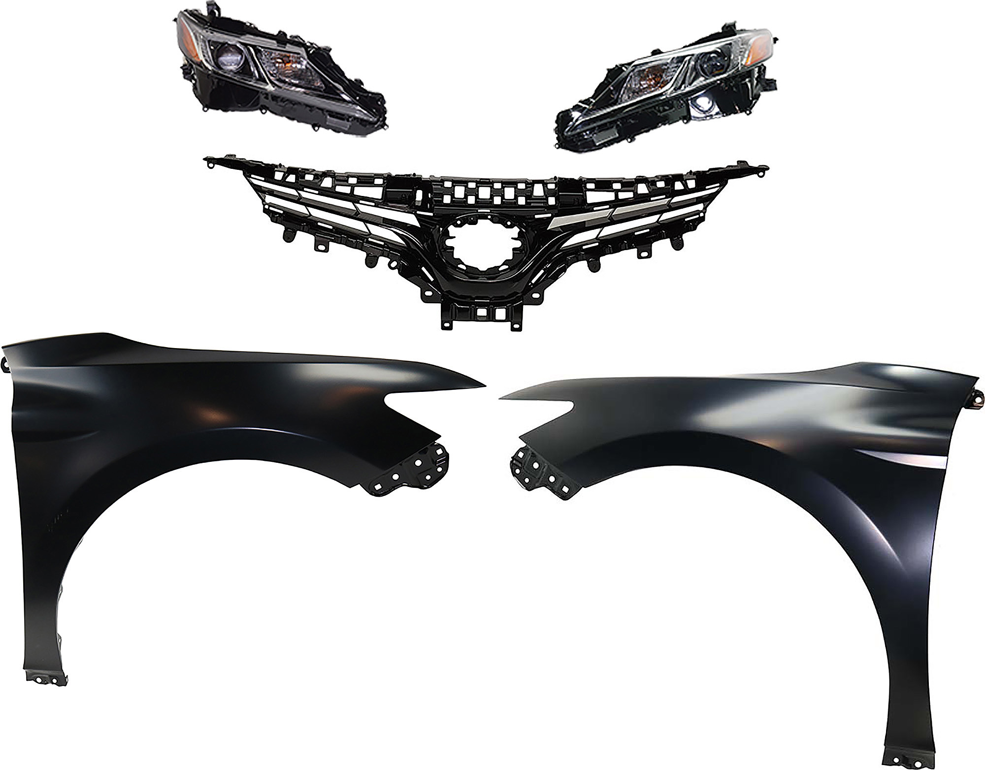 AM CAMRY 19-20 HEAD LAMP RH AND LH Assembly Halogen 5 pc Kit with Fenders and Grille Assembly SKU KIT 031323-124 Partslink TO2502277 TO2503277 TO1240266 TO1241266 TO1200419 OEM 8111006C41-8111006G10-8115006C