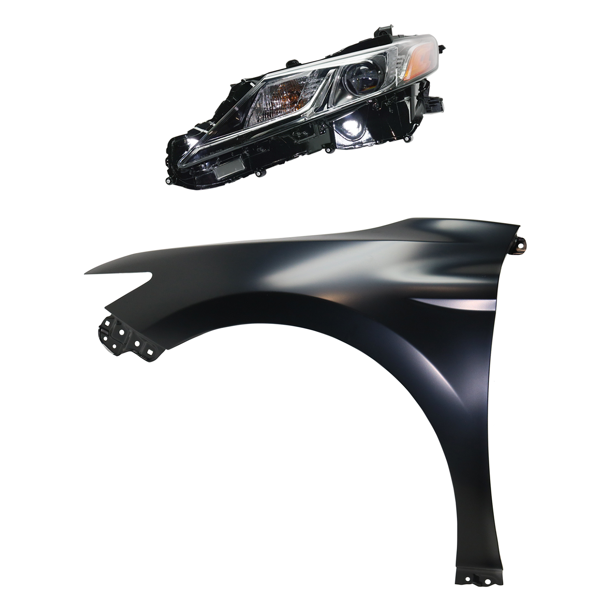 AM CAMRY 19-24 FRONT FENDER LH Primed 2 pc Kit with Headlight SKU KIT 031323-12605 Partslink TO1240266C TO2502277C OEM 5380206180-8115006C41-8115006G