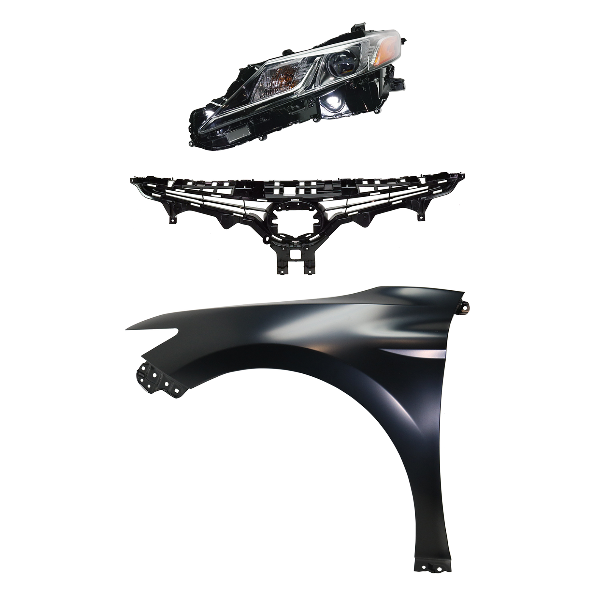 AM CAMRY 19-20 GRILLE Textured Black 3 pc Kit with Fender and Headlight SKU KIT 031323-12702 Partslink TO1200422 TO1240266C TO2502277C OEM 5310106E10-5380206180-8115006C