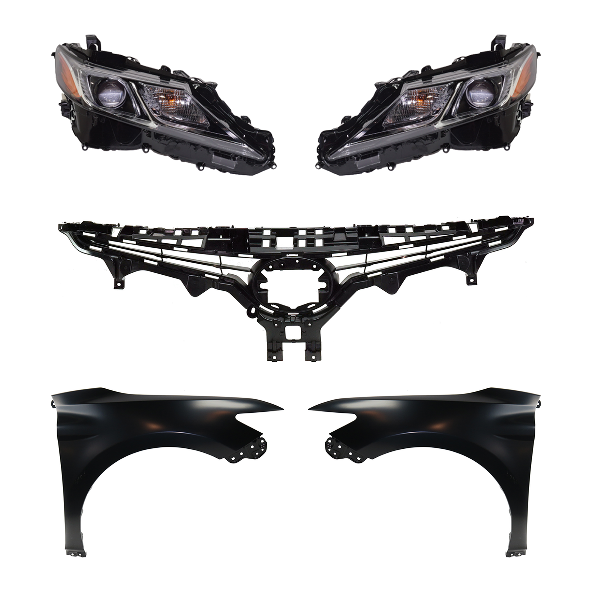 AM CAMRY 19-20 GRILLE Textured Black 5 pc Kit with Fenders and Headlights SKU KIT 031323-127 Partslink TO1200422 TO1240266C TO1241266C TO2502277C TO2503277C OEM 5310106E10-5380106170-53802061
