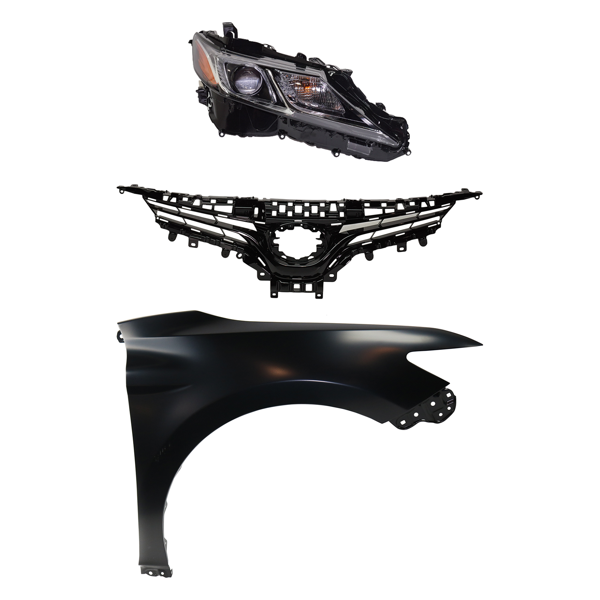 AM CAMRY 19-20 GRILLE 3 pc Kit with Fender and Headlight SKU KIT 031323-12901 Partslink TO1200419 TO1241266C TO2503277C OEM 5310106E30-5380106170-8111006C