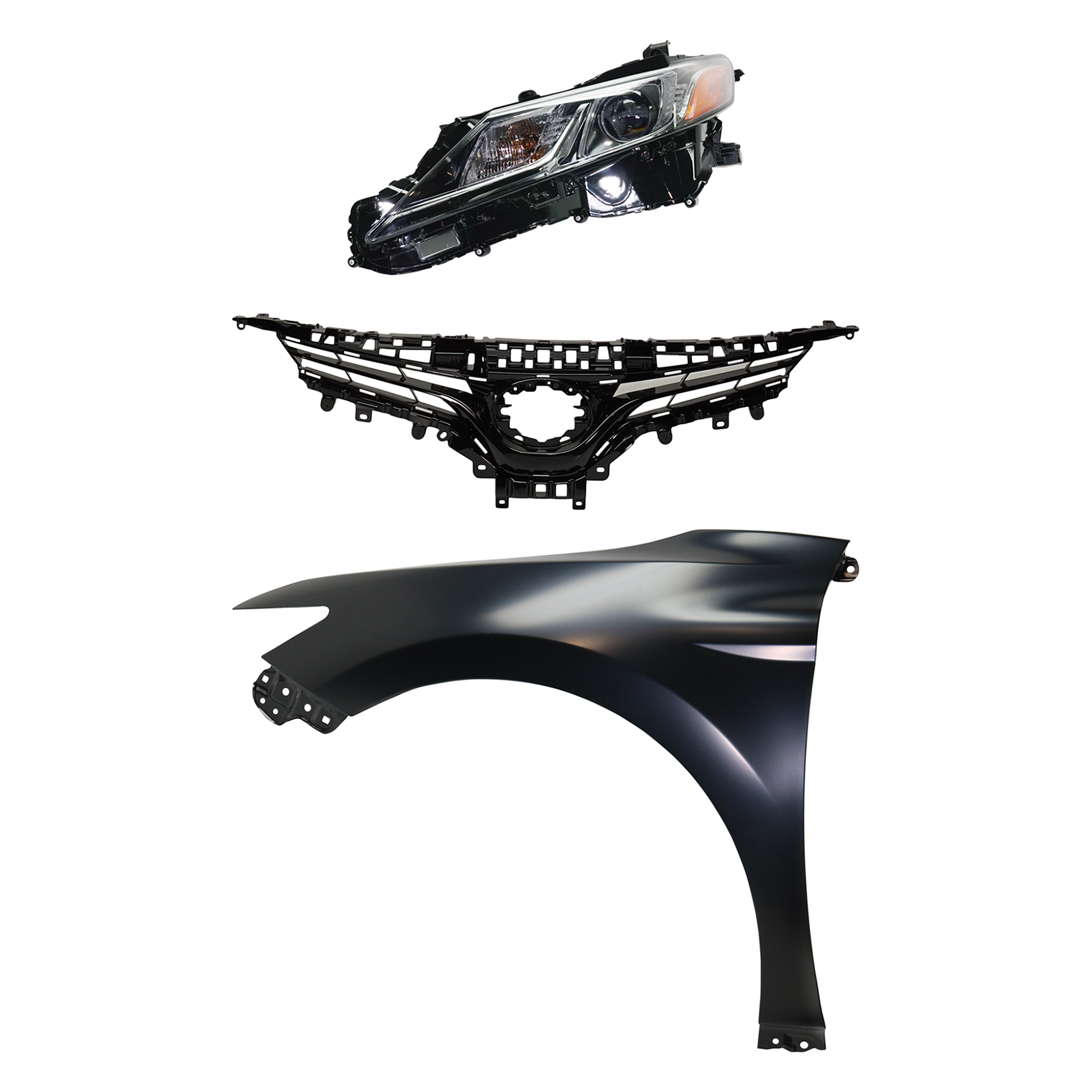 AM CAMRY 19-20 GRILLE 3 pc Kit with Fender and Headlight SKU KIT 031323-12902 Partslink TO1200419 TO1240266C TO2502277C OEM 5310106E30-5380206180-8115006C