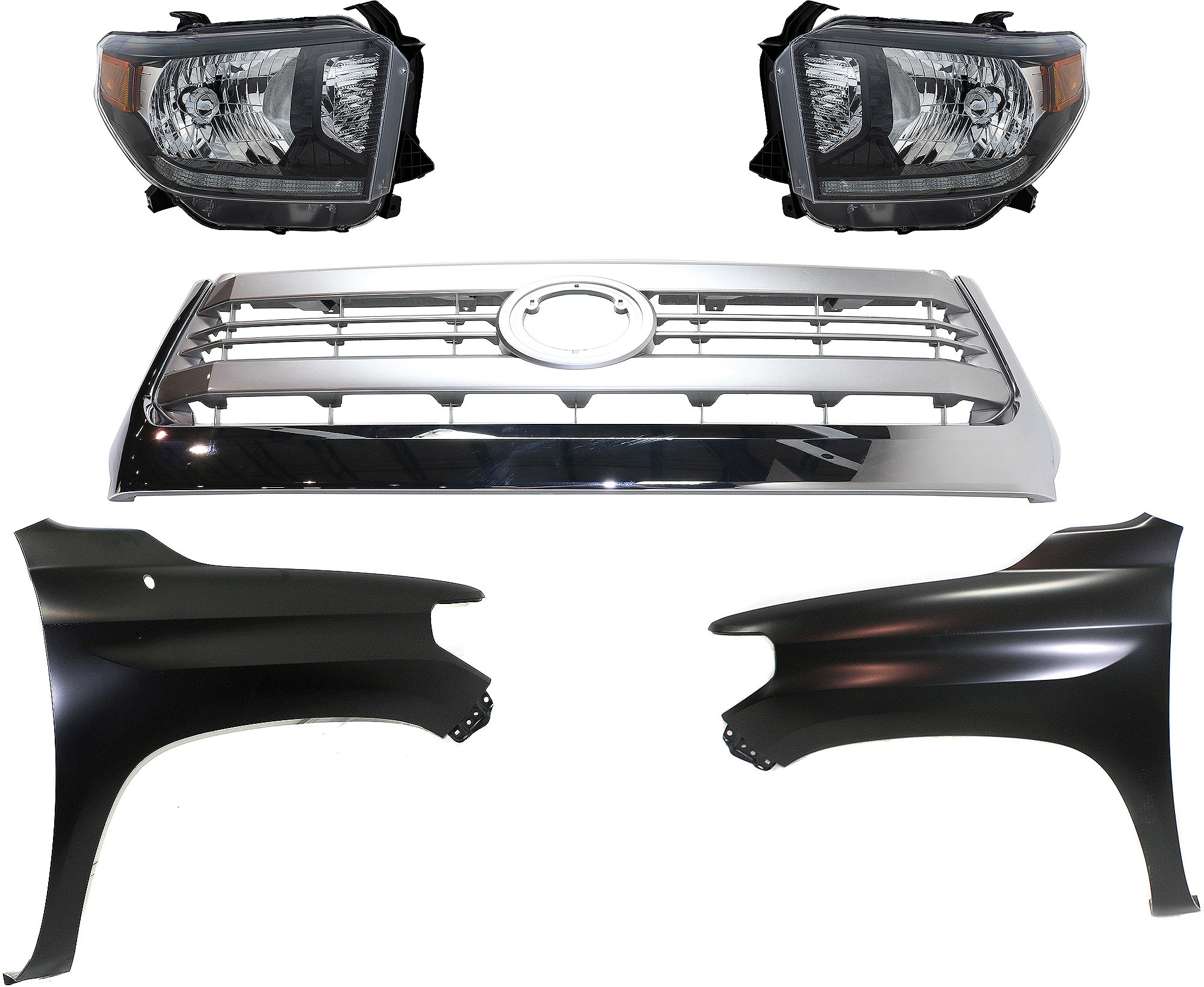 AM TUNDRA 14-15 HEAD LAMP RH AND LH Assembly LED 5 pc Kit with Fenders and Grille Assembly SKU KIT 031323-12 Partslink TO2505126 TO1241249 TO1240249 TO1200376 OEM 811500C090-811100C090-538110C0