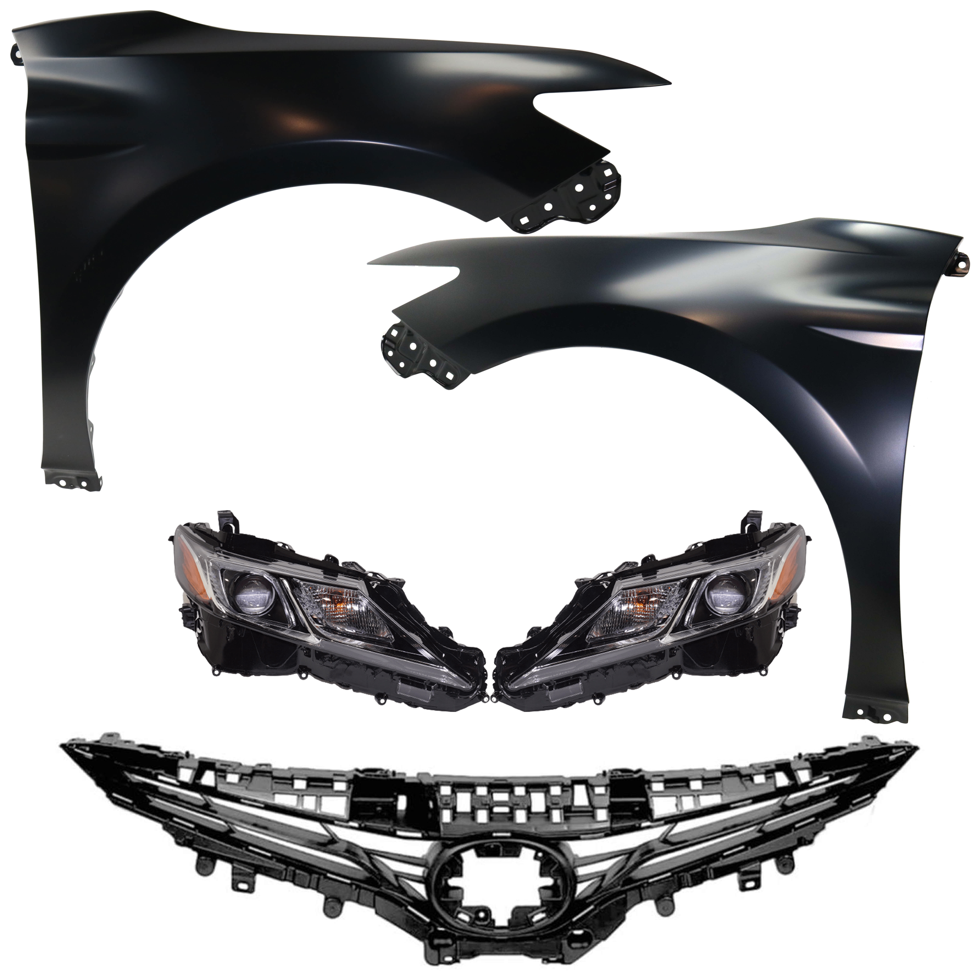 AM CAMRY 21-24 HEAD LAMP RH AND LH Assembly Halogen 5 pc Kit with Fenders and Grille Assembly SKU KIT 031323-130 Partslink TO2503277 TO2502277 TO1240266 TO1241266 TO1200466 OEM 8111006C41-8111006G10-8115006C