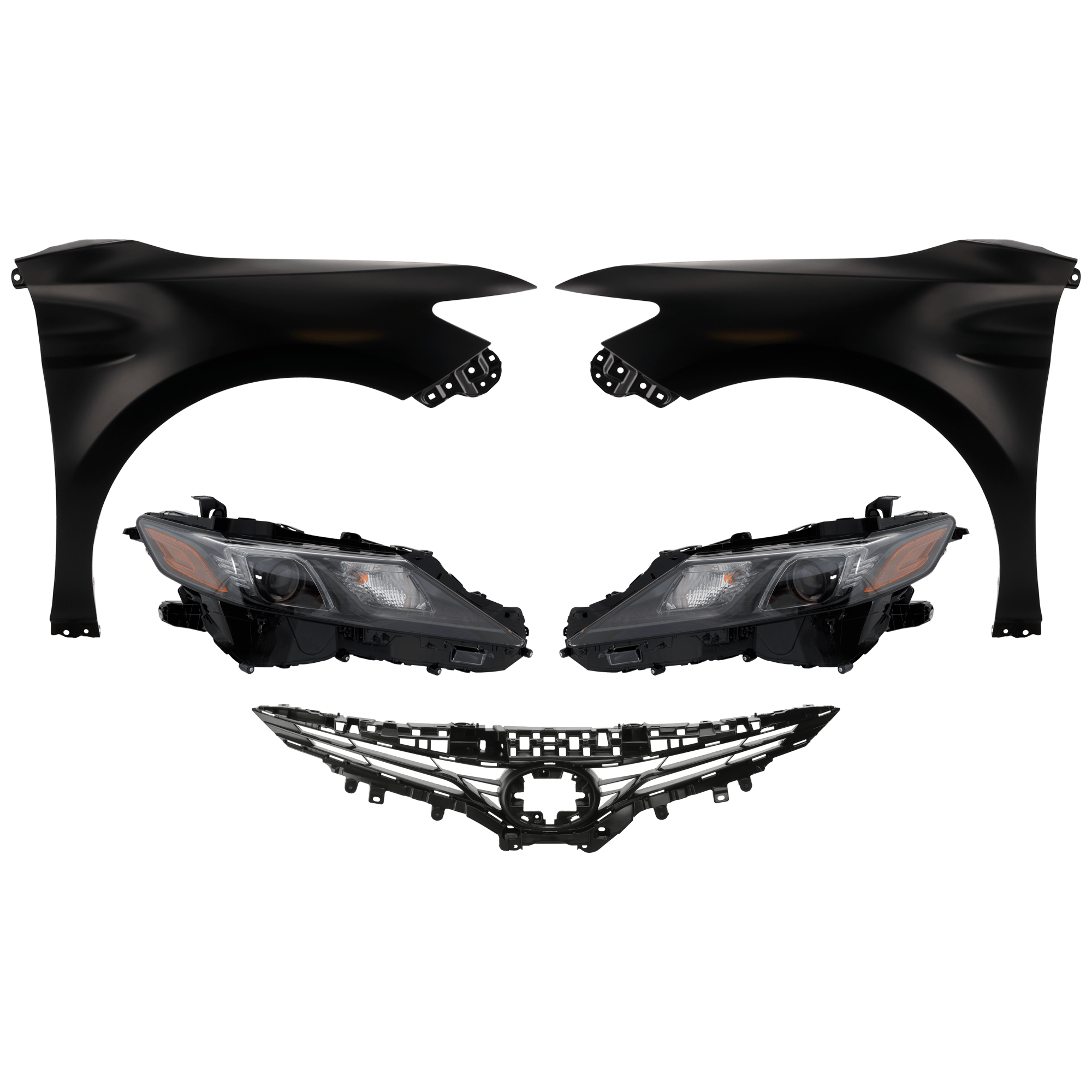 AM CAMRY 21-24 HEAD LAMP RH AND LH Assembly Halogen 5 pc Kit with Fenders and Grille Assembly SKU KIT 031323-133 Partslink TO2503299 TO2502299 TO1240266 TO1241266 TO1200467 OEM 8111006F60-8115006C20-53802061