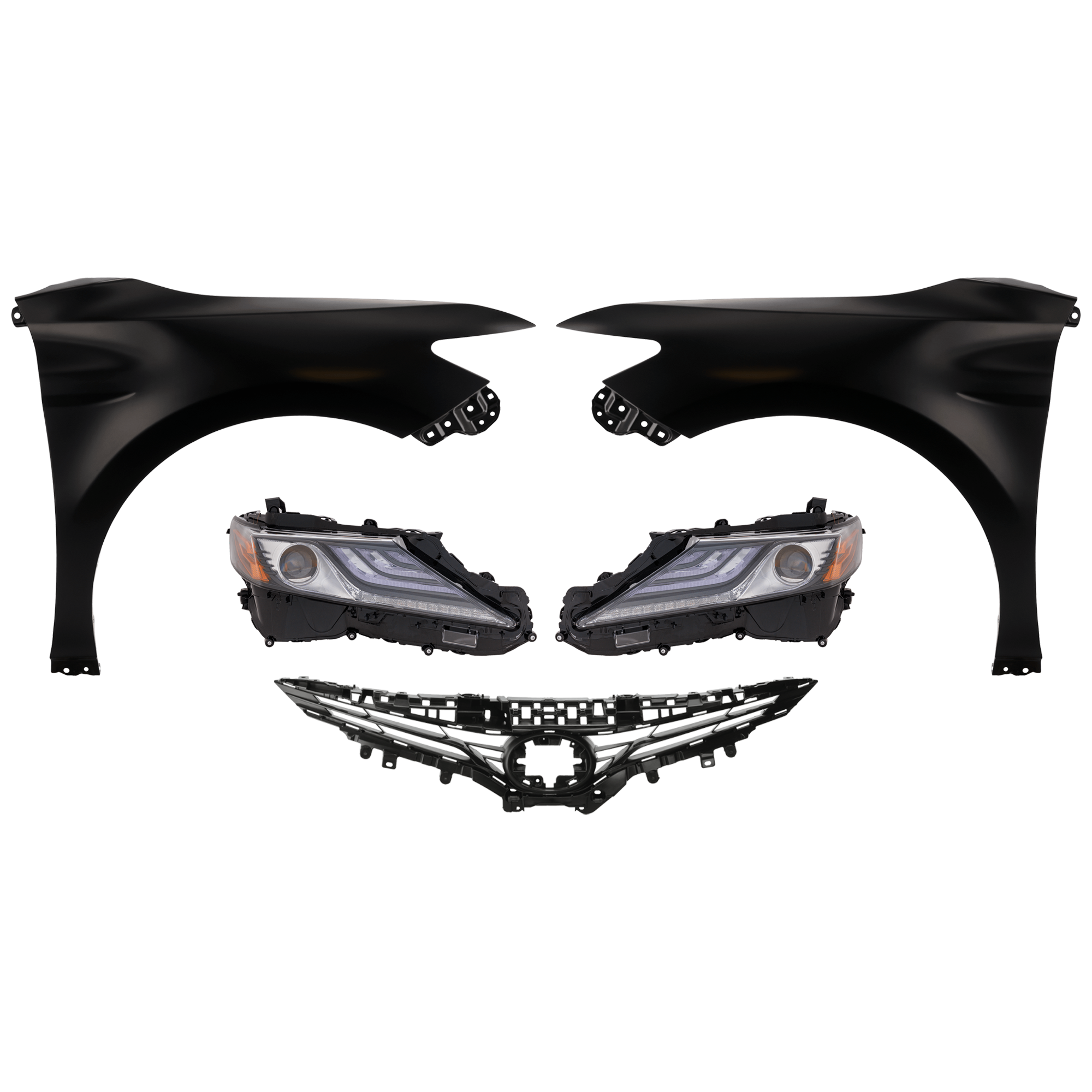 AM CAMRY 21-24 FRONT FENDER RH AND LH Primed 5 pc Kit with Grille and Headlights SKU KIT 031323-134 Partslink TO1240266 TO1241266 TO1200467 TO2502300 TO2503300 OEM 5380106170-5380206180-5310106F
