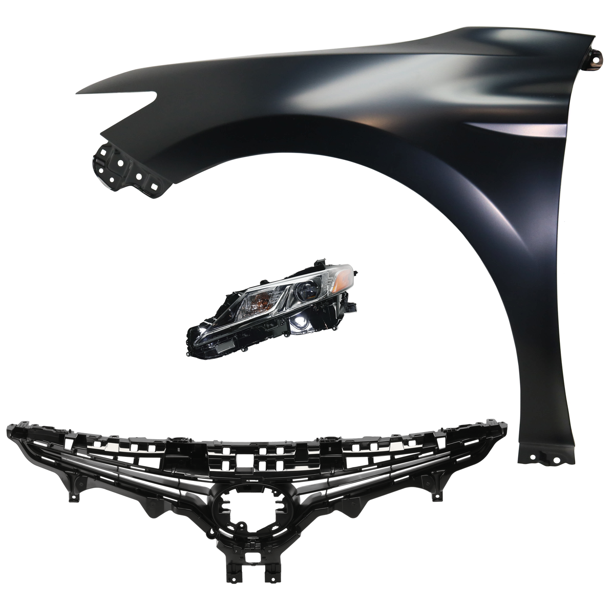 AM CAMRY 21-24 FRONT FENDER LH Primed 3 pc Kit with Grille and Headlight CAPA SKU KIT 031323-13602 Partslink TO1200466C TO1240266C TO2502277C OEM 5310106F30-5380206180-8115006C