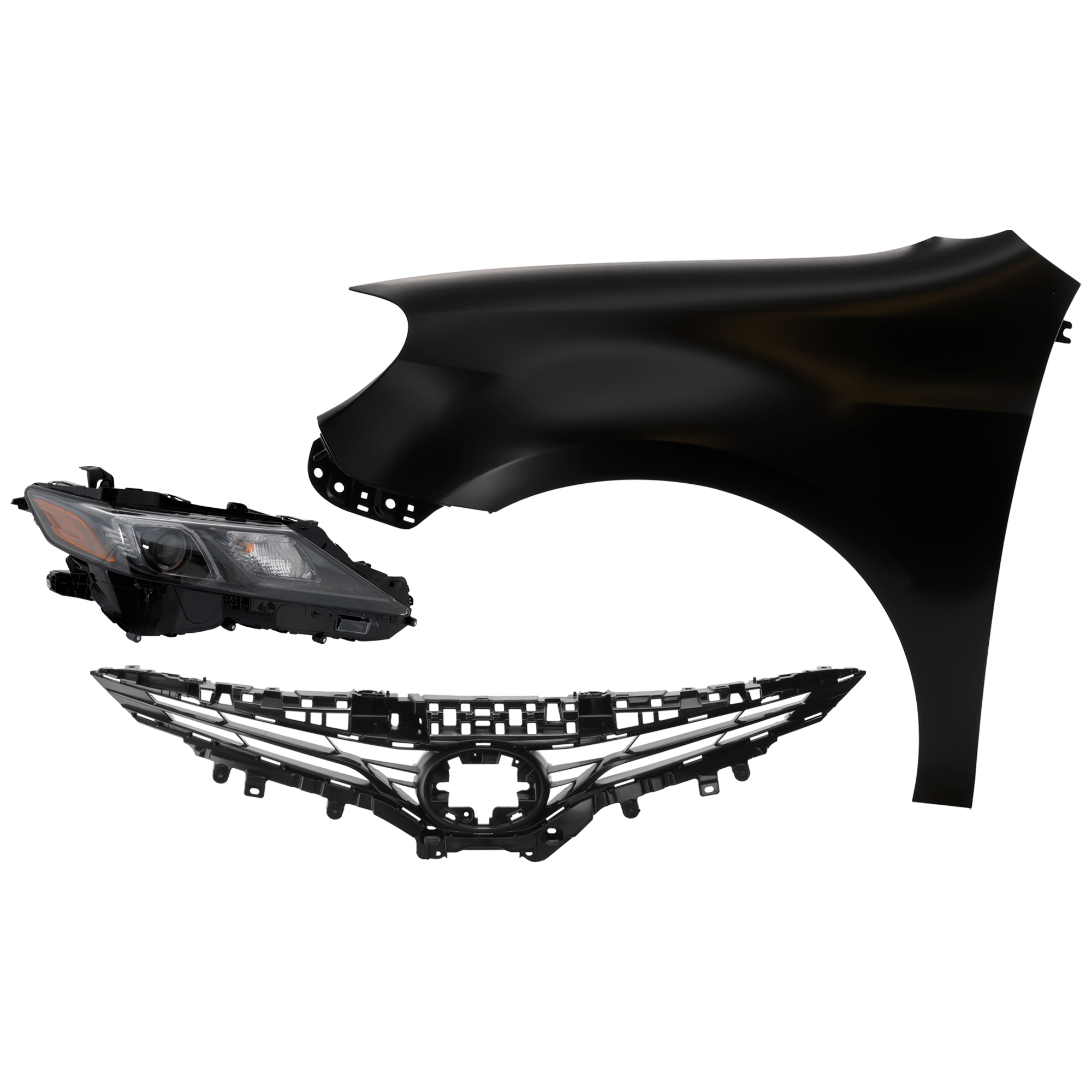 AM CAMRY 21-24 HEAD LAMP RH Assembly Halogen 3 pc Kit with Fender and Grille Assembly CAPA SKU KIT 031323-13701 Partslink TO1200467C TO1241266C TO2503299C OEM 5310106F50-5380106170-8111006F