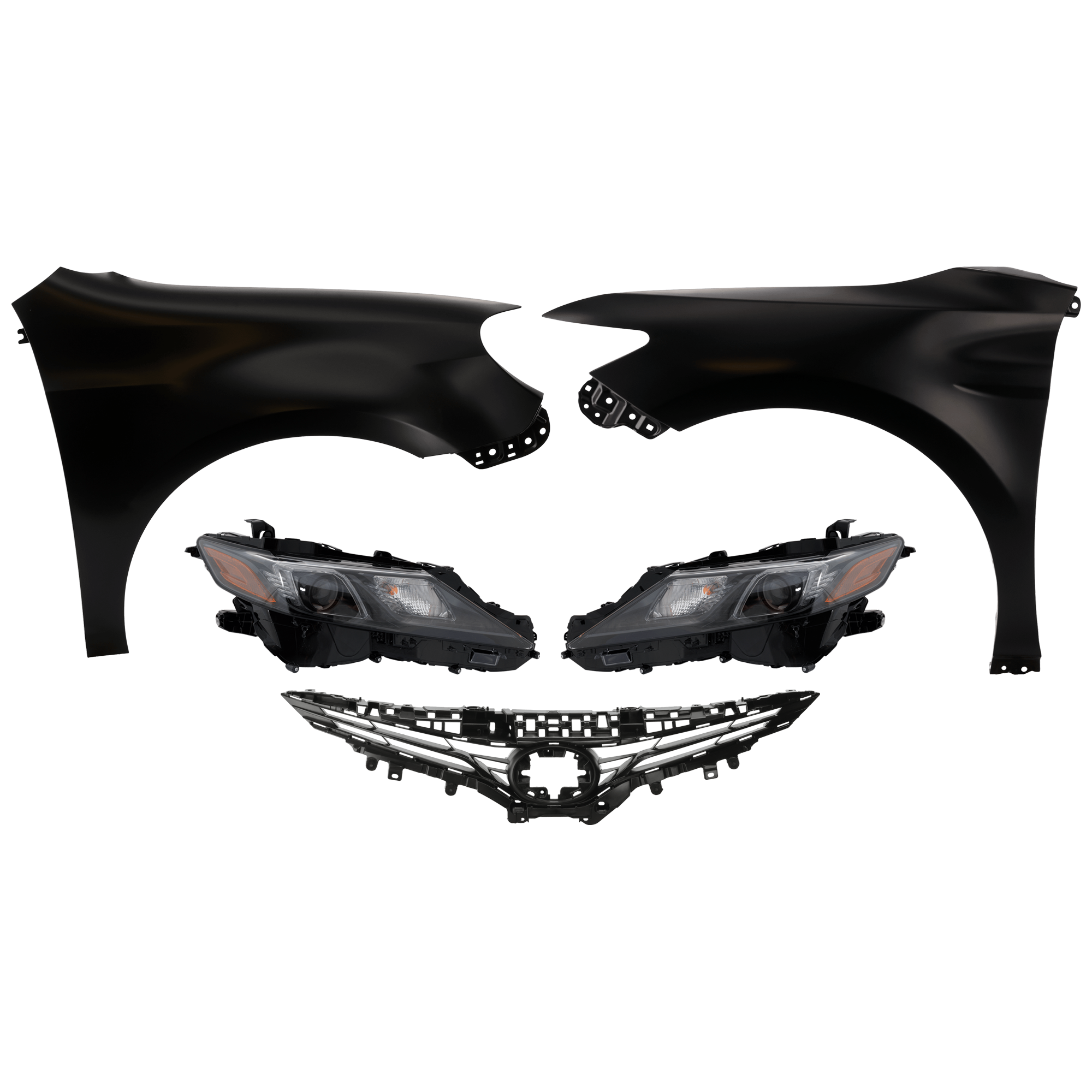 AM CAMRY 21-24 HEAD LAMP RH AND LH Assembly Halogen 5 pc Kit with Fenders and Grille Assembly CAPA SKU KIT 031323-137 Partslink TO1200467C TO1240266C TO1241266C TO2502299C TO2503299C OEM 5310106F50-5380106170-53802061