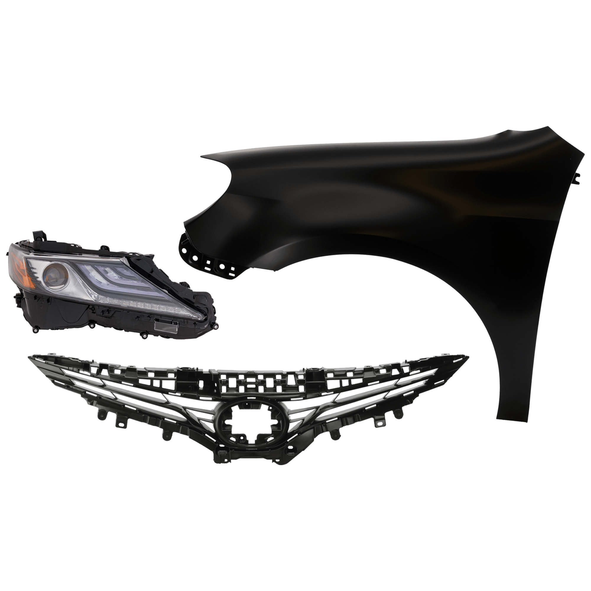 AM CAMRY 21-24 FRONT FENDER RH Primed 3 pc Kit with Grille and Headlight CAPA SKU KIT 031323-13801 Partslink TO1200467C TO1241266C TO2503300C OEM 5310106F50-5380106170-8111006G