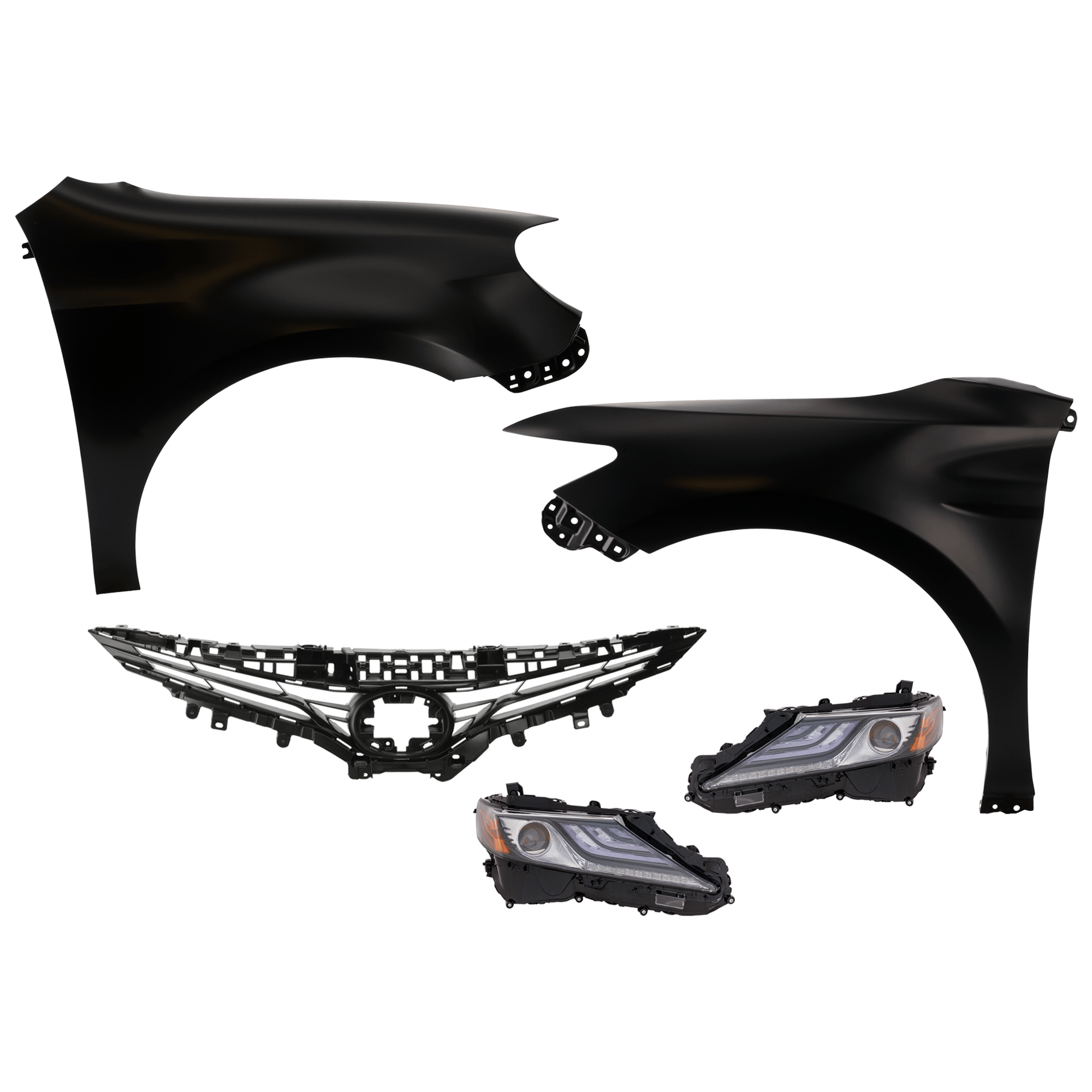 AM CAMRY 21-24 FRONT FENDER RH AND LH Primed 5 pc Kit with Grille and Headlights CAPA SKU KIT 031323-138 Partslink TO1200467C TO1240266C TO1241266C TO2502300C TO2503300C OEM 5310106F50-5380106170-53802061