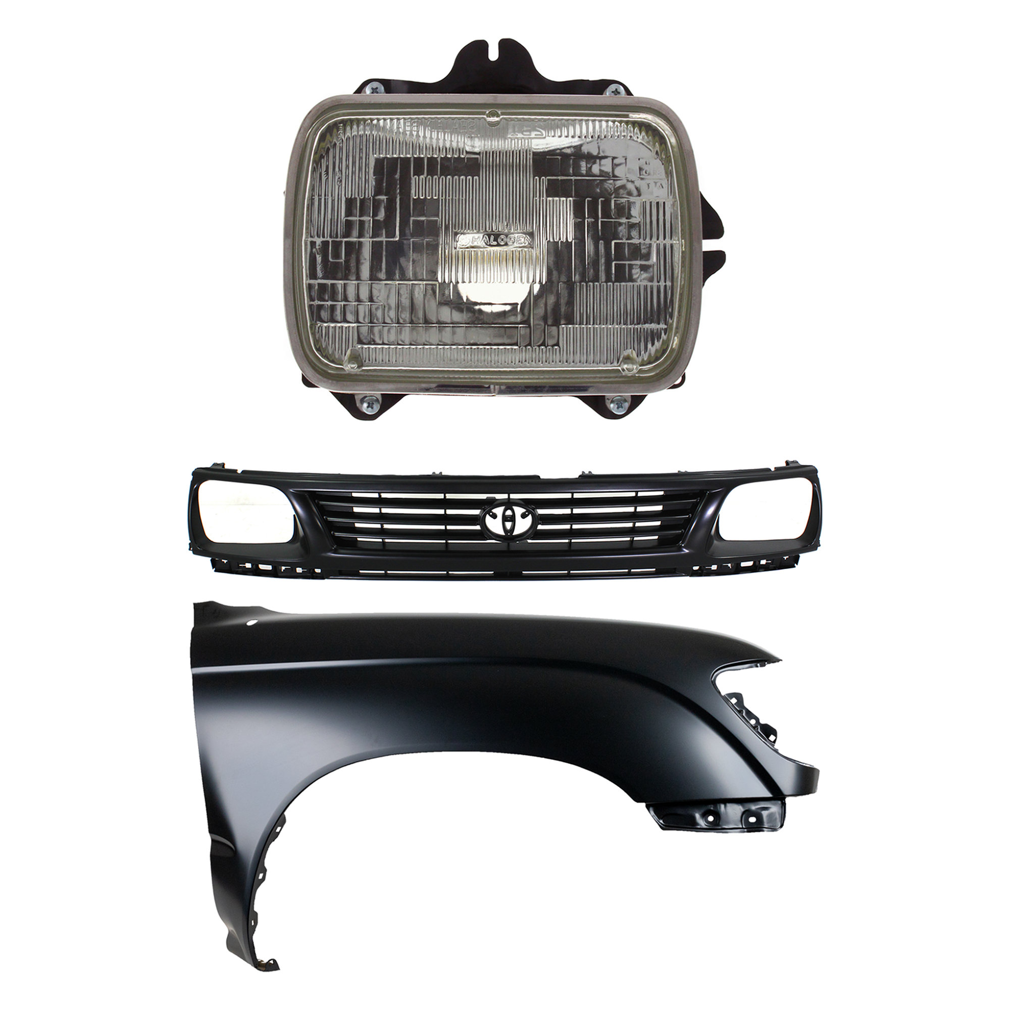 AM TACOMA 95-96 FRONT FENDER RH Primed 3 pc Kit w Grille and Headlight SKU KIT 031323-13901 Partslink TO1241157 TO1200194 TO2501117 OEM 5381104061-5310035290-81110891