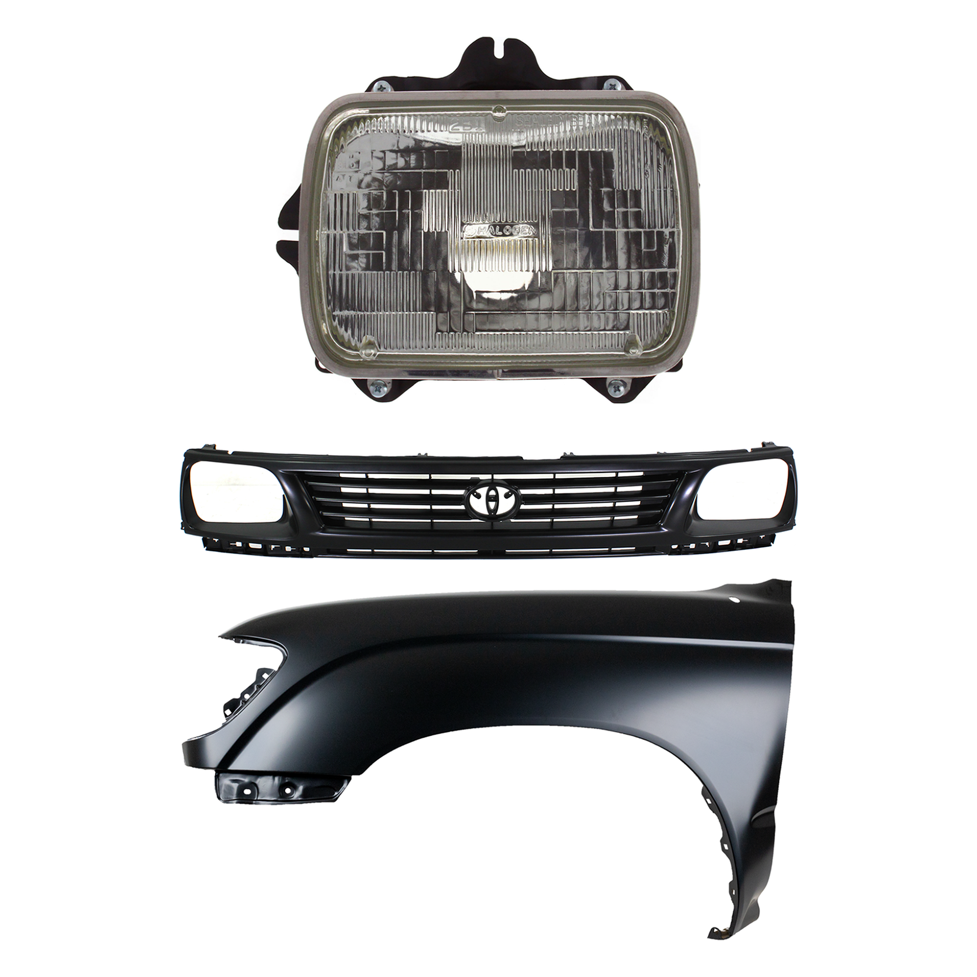 AM TACOMA 95-96 FRONT FENDER LH Primed 3 pc Kit w Grille and Headlight SKU KIT 031323-13902 Partslink TO1240158 TO1200194 TO2500113 OEM 5381204061-5310035290-81150891