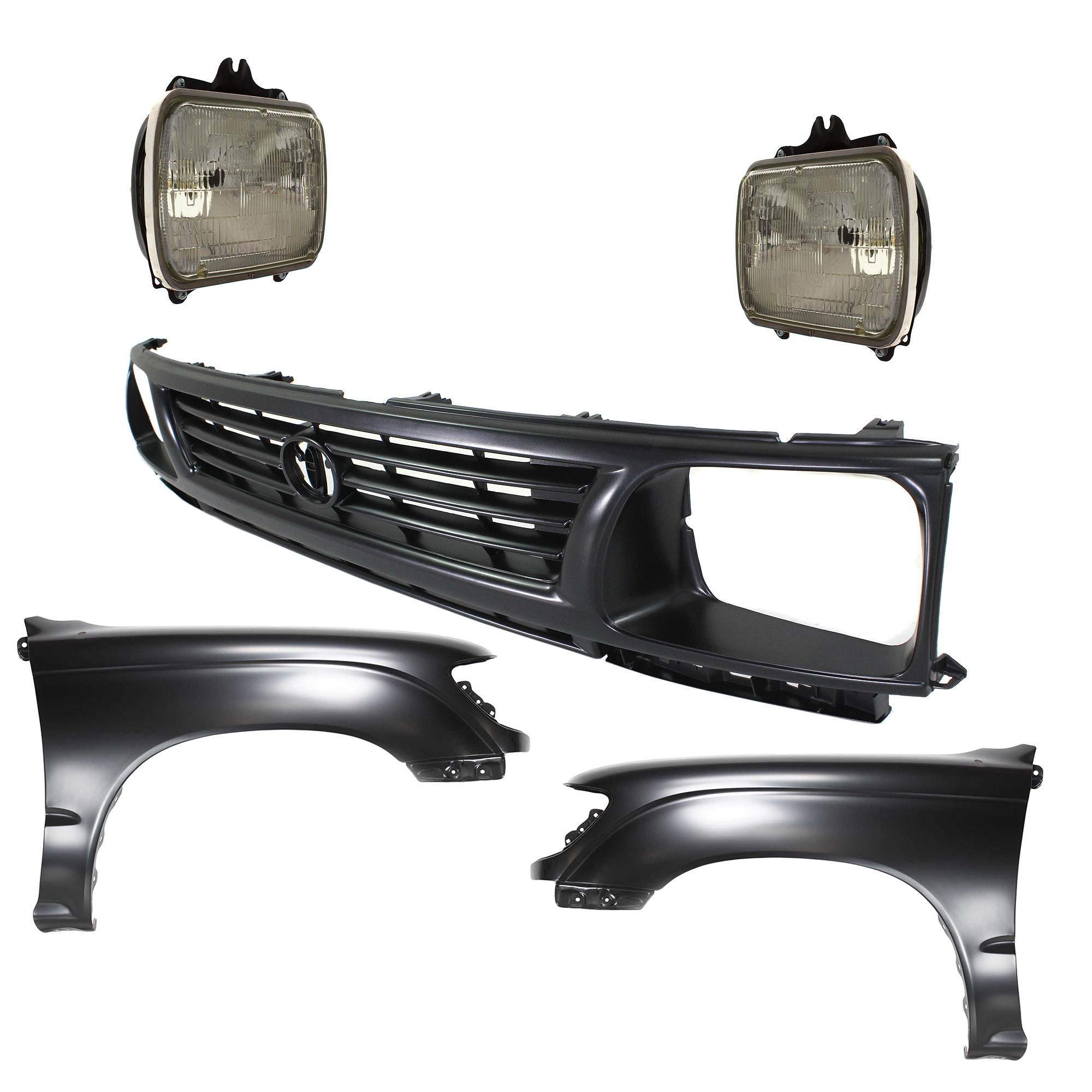 AM TACOMA 95-96 FRONT FENDER RH AND LH Primed 5 pc Kit w Grille and Headlights SKU KIT 031323-139 Partslink TO1240158 TO1241157 TO1200194 TO2501117 TO2500113 OEM 5381104061-5381204061-53100352