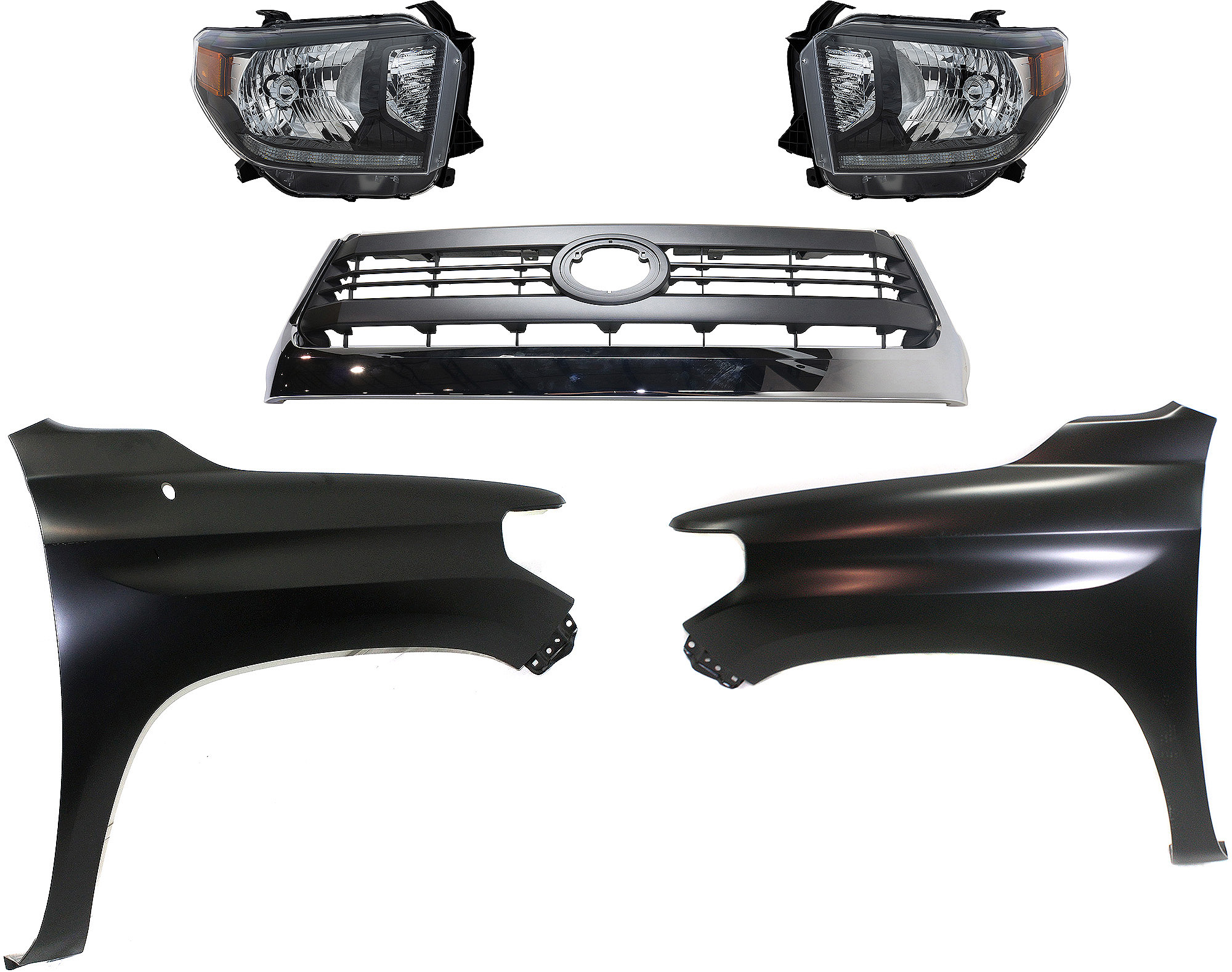 AM TUNDRA 14-15 HEAD LAMP RH AND LH Assembly LED 5 pc Kit with Fenders and Grille Assembly SKU KIT 031323-13 Partslink TO2505126 TO1241249 TO1240249 TO1200373 OEM 811500C090-811100C090-538110C0