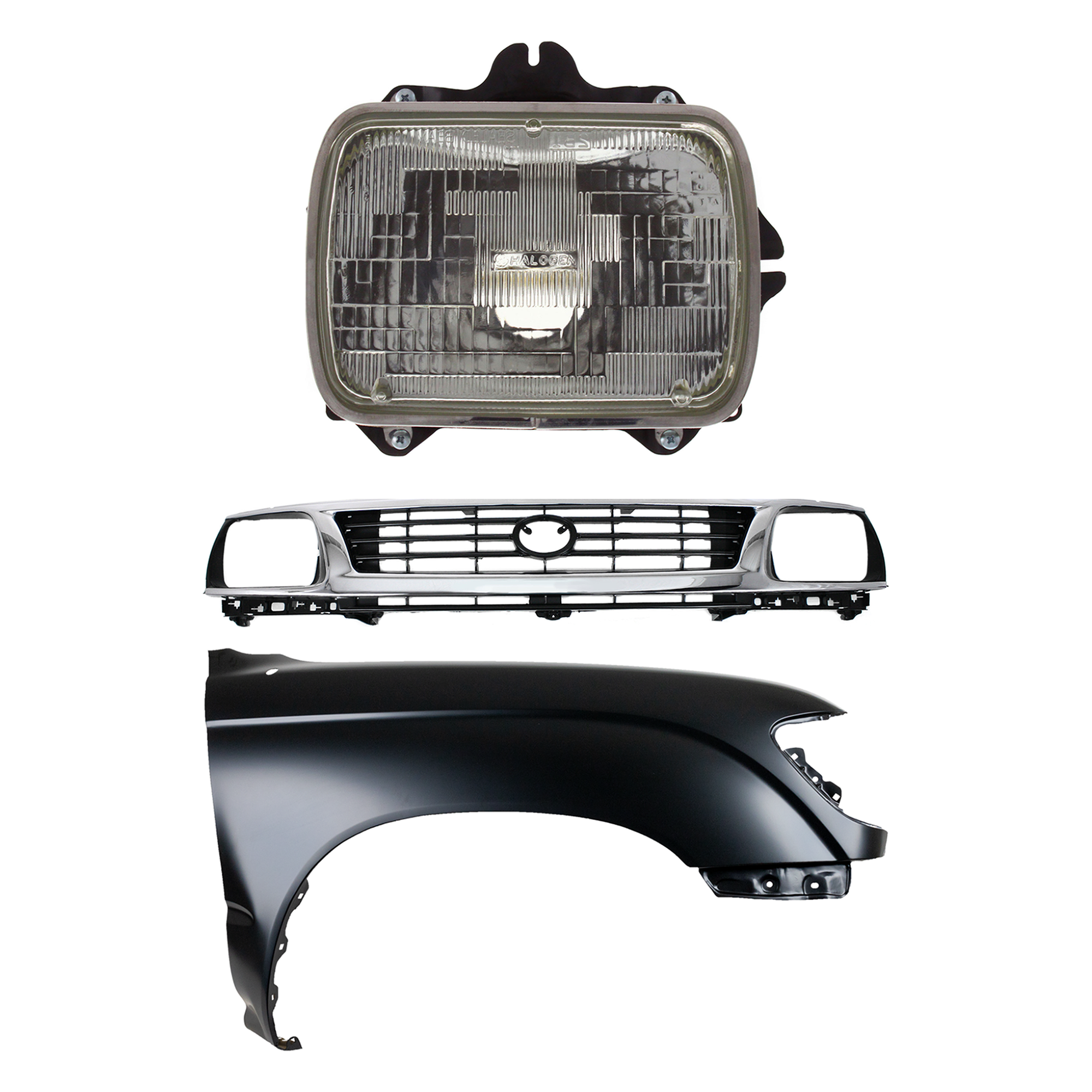 AM TACOMA 95-96 FRONT FENDER RH Primed 3 pc Kit w Grille and Headlight SKU KIT 031323-14101 Partslink TO1241157 TO1200193 TO2501117 OEM 5381104061-5310035300-81110891