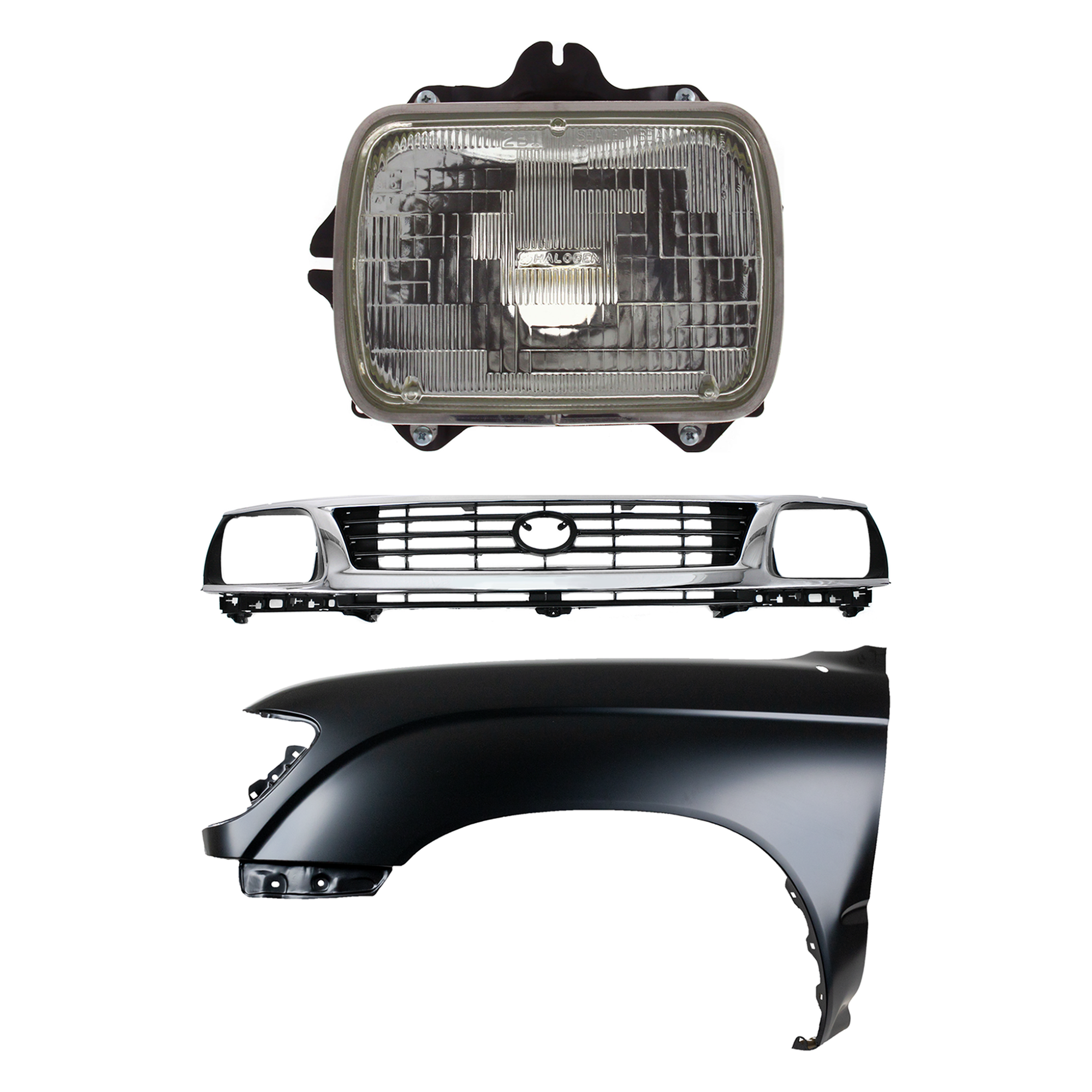 AM TACOMA 95-96 FRONT FENDER LH Primed 3 pc Kit w Grille and Headlight SKU KIT 031323-14102 Partslink TO1240158 TO1200193 TO2500113 OEM 5381204061-5310035300-81150891