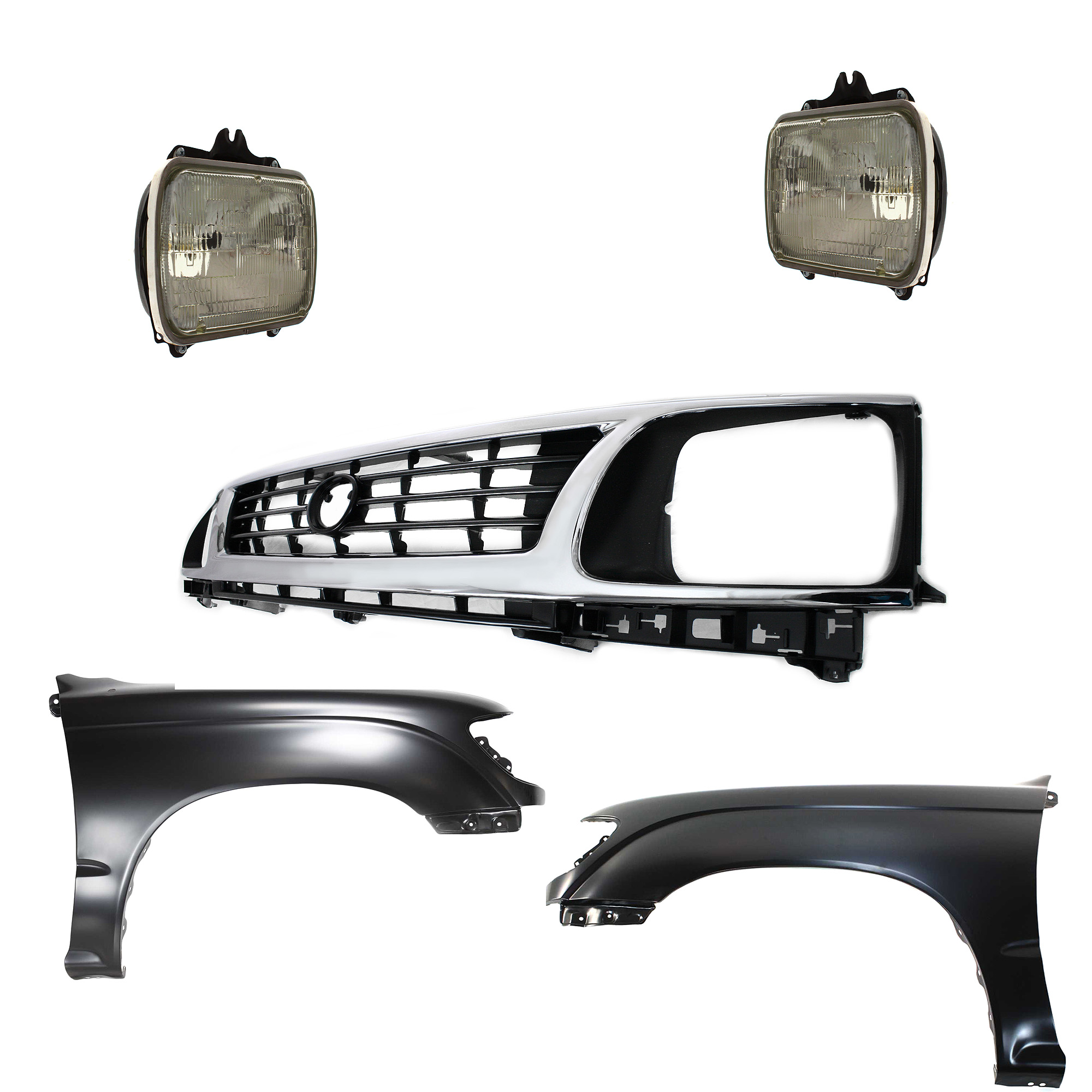 AM TACOMA 95-96 FRONT FENDER RH AND LH Primed 5 pc Kit w Grille and Headlights SKU KIT 031323-141 Partslink TO1240158 TO1241157 TO1200193 TO2501117 TO2500113 OEM 5381104061-5381204061-53100353