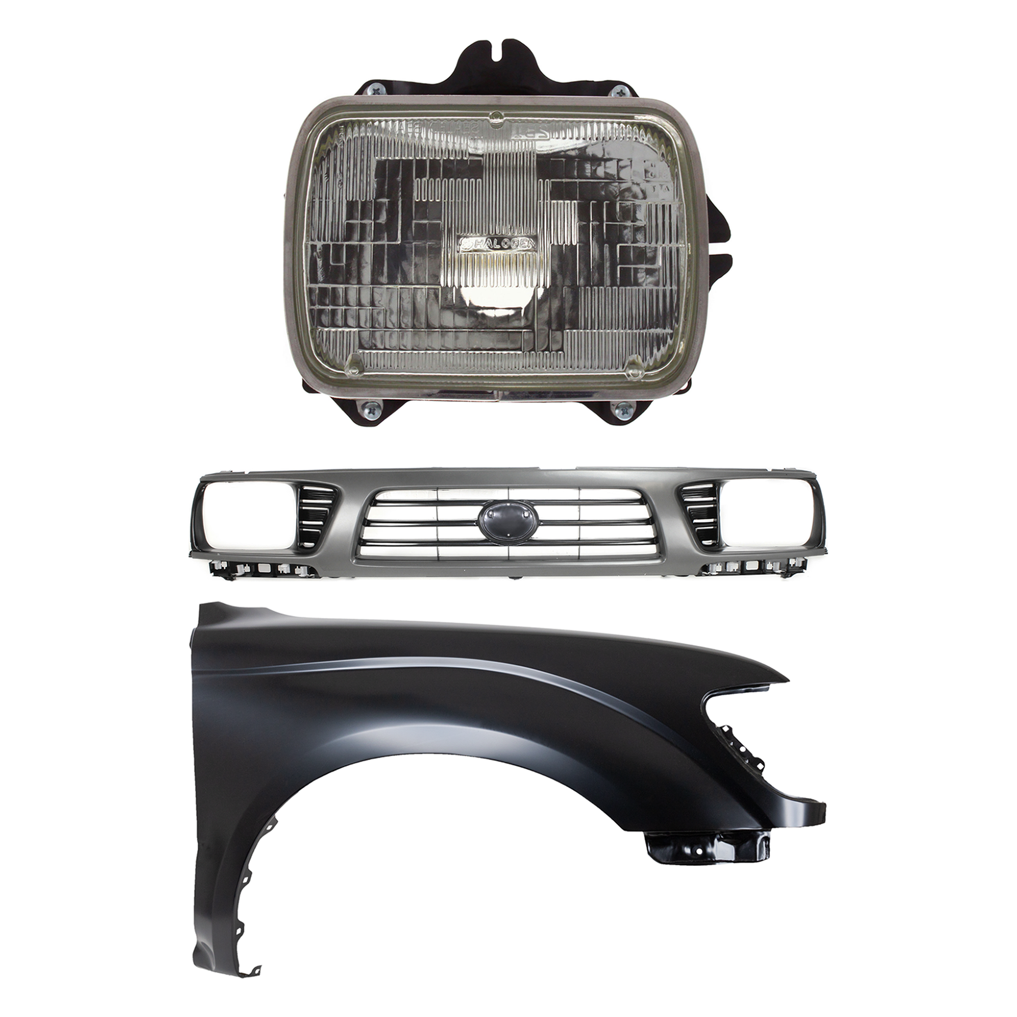 AM TACOMA 95-97 GRILLE Painted Gray Shell with Painted Black Insert 3 pc Kit with Fender and Headlight SKU KIT 031323-14301 Partslink TO1200198 TO1241161 TO2501117 OEM 5310035310-5381104070-81110891