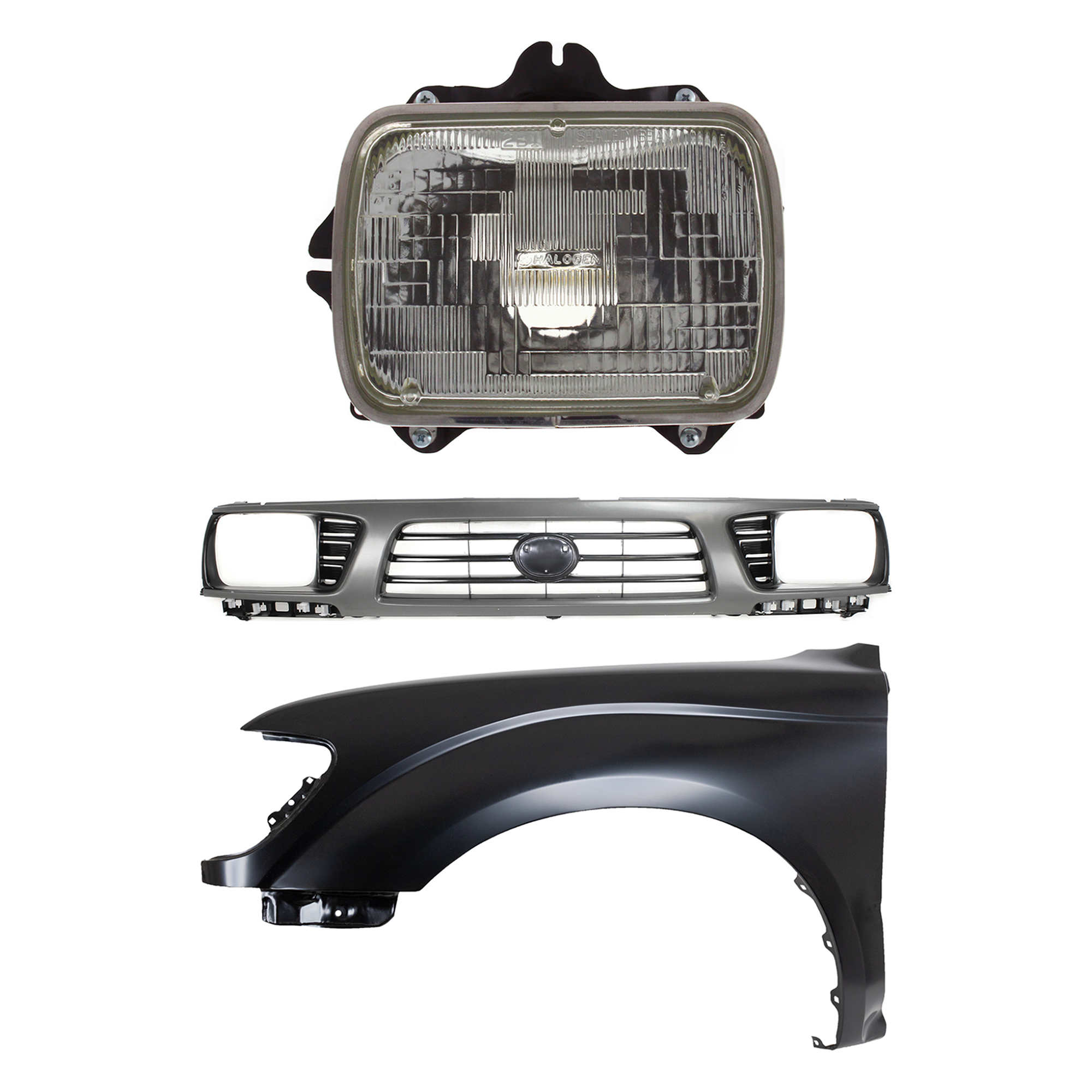 AM TACOMA 95-97 GRILLE Painted Gray Shell with Painted Black Insert 3 pc Kit with Fender and Headlight SKU KIT 031323-14302 Partslink TO1200198 TO1240161 TO2500113 OEM 5310035310-5381204070-81150891