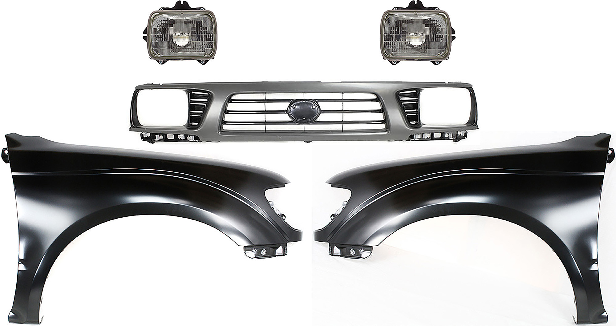 AM TACOMA 95-97 GRILLE Painted Gray Shell with Painted Black Insert 5 pc Kit with Fenders and Headlights SKU KIT 031323-143 Partslink TO1200198 TO1240161 TO1241161 TO2501117 TO2500113 OEM 5310035310-5381204070-53811040