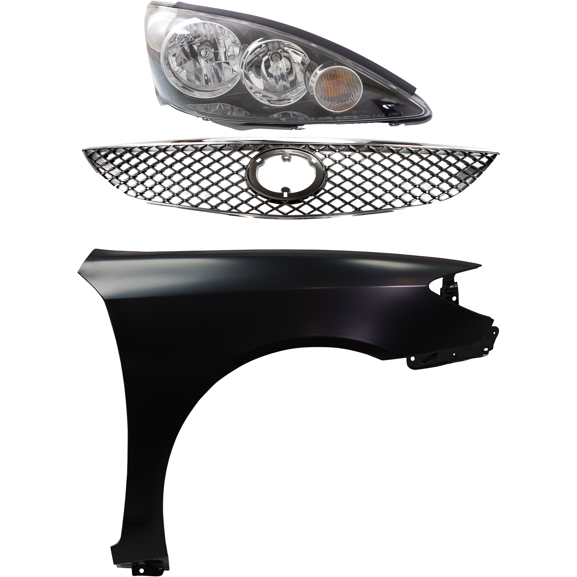 AM CAMRY 05-06 HEAD LAMP RH Assembly Halogen 3 pc Kit with Fender and Grille Assembly SKU KIT 031323-14401 Partslink TO2503156 TO1241184 TO1200271 OEM 8111006190-53801AA020-63101060