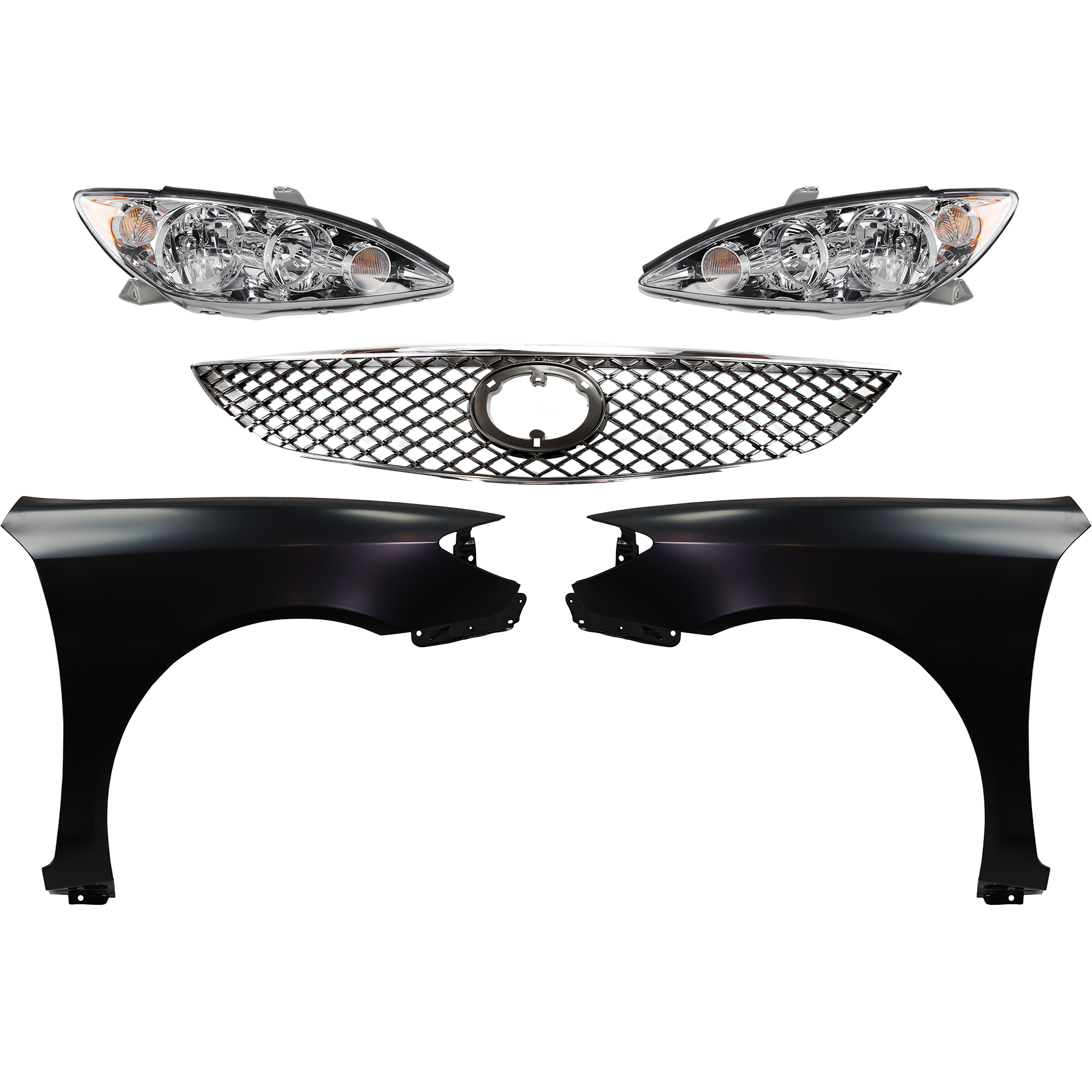 AM CAMRY 05-06 HEAD LAMP RH AND LH Assembly Halogen 5 pc Kit with Fenders and Grille Assembly SKU KIT 031323-144 Partslink TO2502156 TO2503156 TO1241184 TO1240184 TO1200271 OEM 8115006190-8111006190-53801AA0