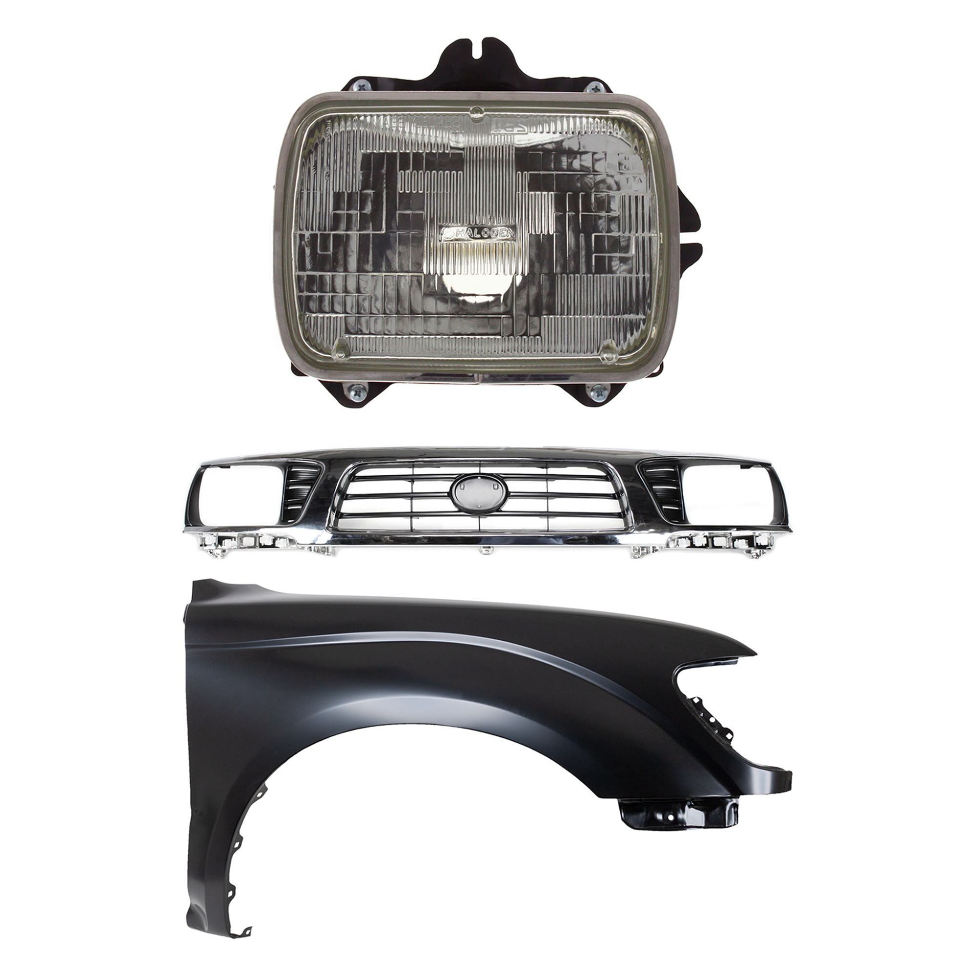 AM TACOMA 95-97 GRILLE Chrome Shell with Painted Black Insert 3 pc Kit with Fender and Headlight SKU KIT 031323-14501 Partslink TO1200197 TO1241161 TO2501117 OEM 5310035340-5381104070-81110891