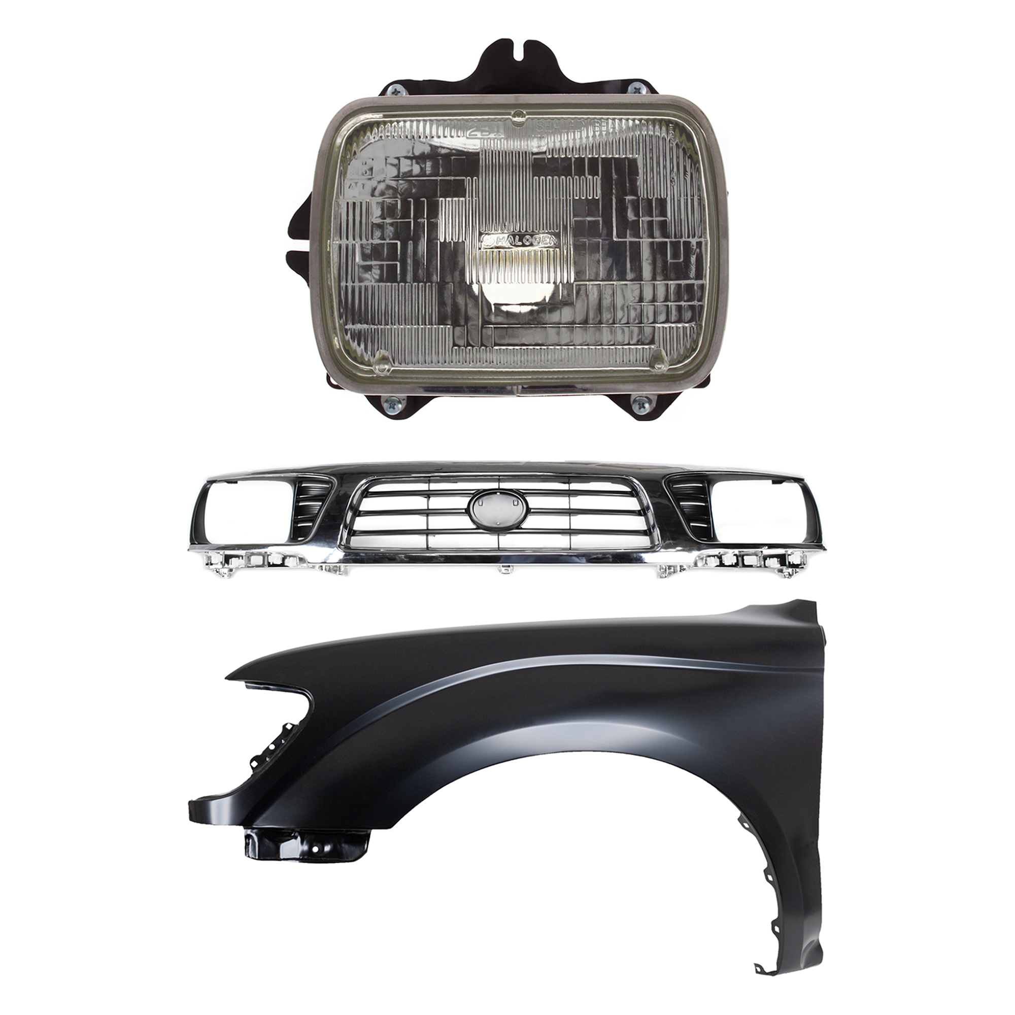 AM TACOMA 95-97 GRILLE Chrome Shell with Painted Black Insert 3 pc Kit with Fender and Headlight SKU KIT 031323-14502 Partslink TO1200197 TO1240161 TO2500113 OEM 5310035340-5381204070-81150891