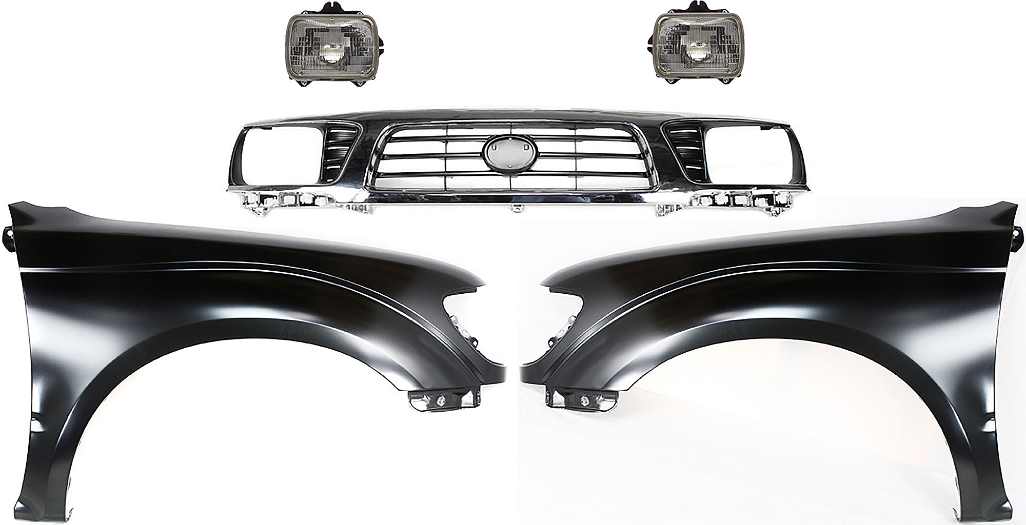 AM TACOMA 95-97 GRILLE Chrome Shell with Painted Black Insert 5 pc Kit with Fenders and Headlights SKU KIT 031323-145 Partslink TO1200197 TO1240161 TO1241161 TO2501117 TO2500113 OEM 5310035340-5381204070-53811040