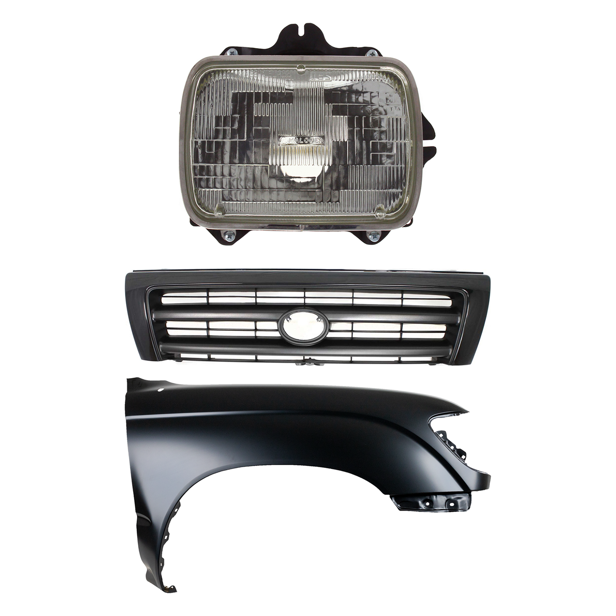 AM TACOMA 97-97 FRONT FENDER RH Primed 3 pc Kit with Grille and Headlight SKU KIT 031323-14601 Partslink TO1241157 TO1200211 TO2501117 OEM 5381104061-5310004110C0-811108