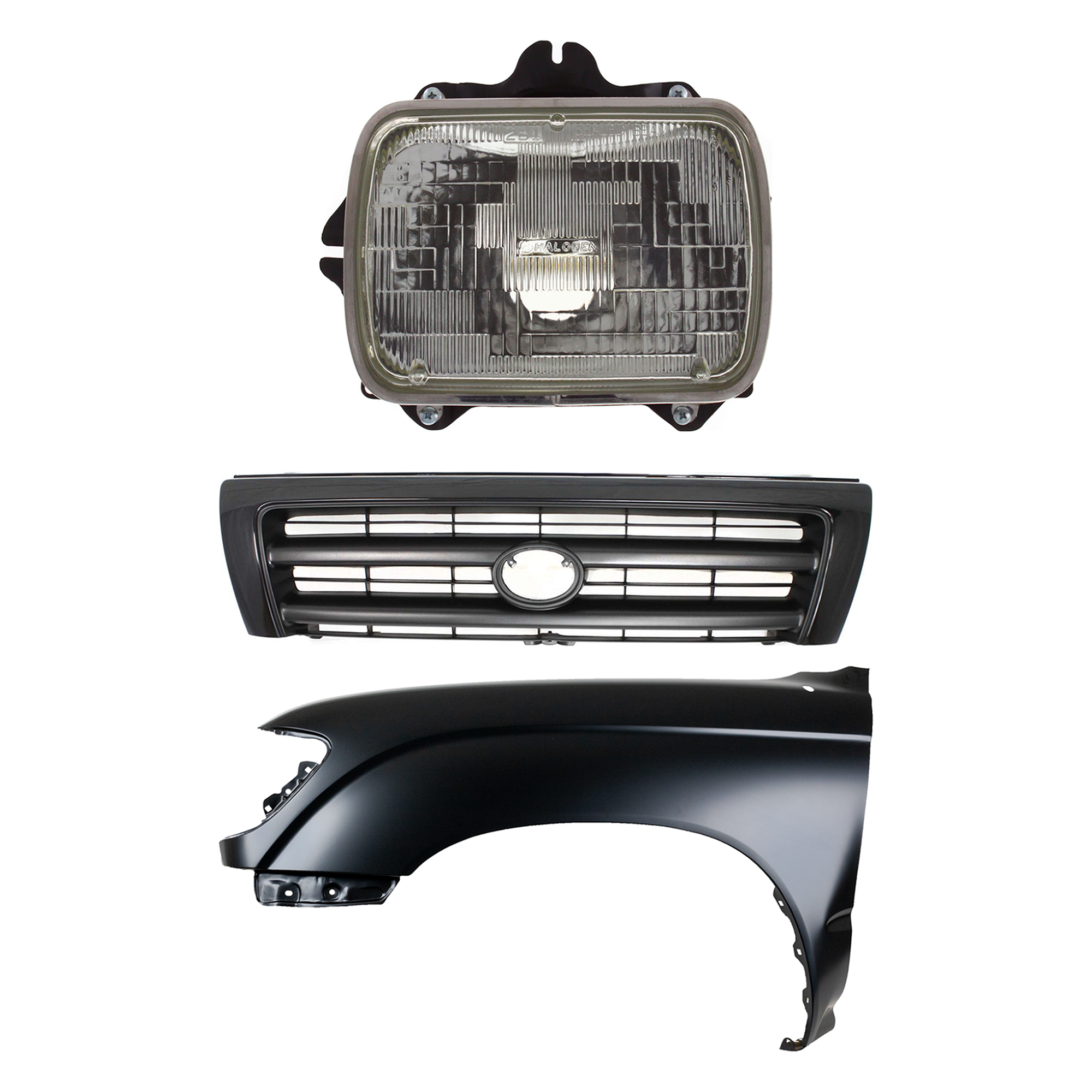 AM TACOMA 97-97 FRONT FENDER LH Primed 3 pc Kit with Grille and Headlight SKU KIT 031323-14602 Partslink TO1240158 TO1200211 TO2500113 OEM 5381204061-5310004110C0-811508