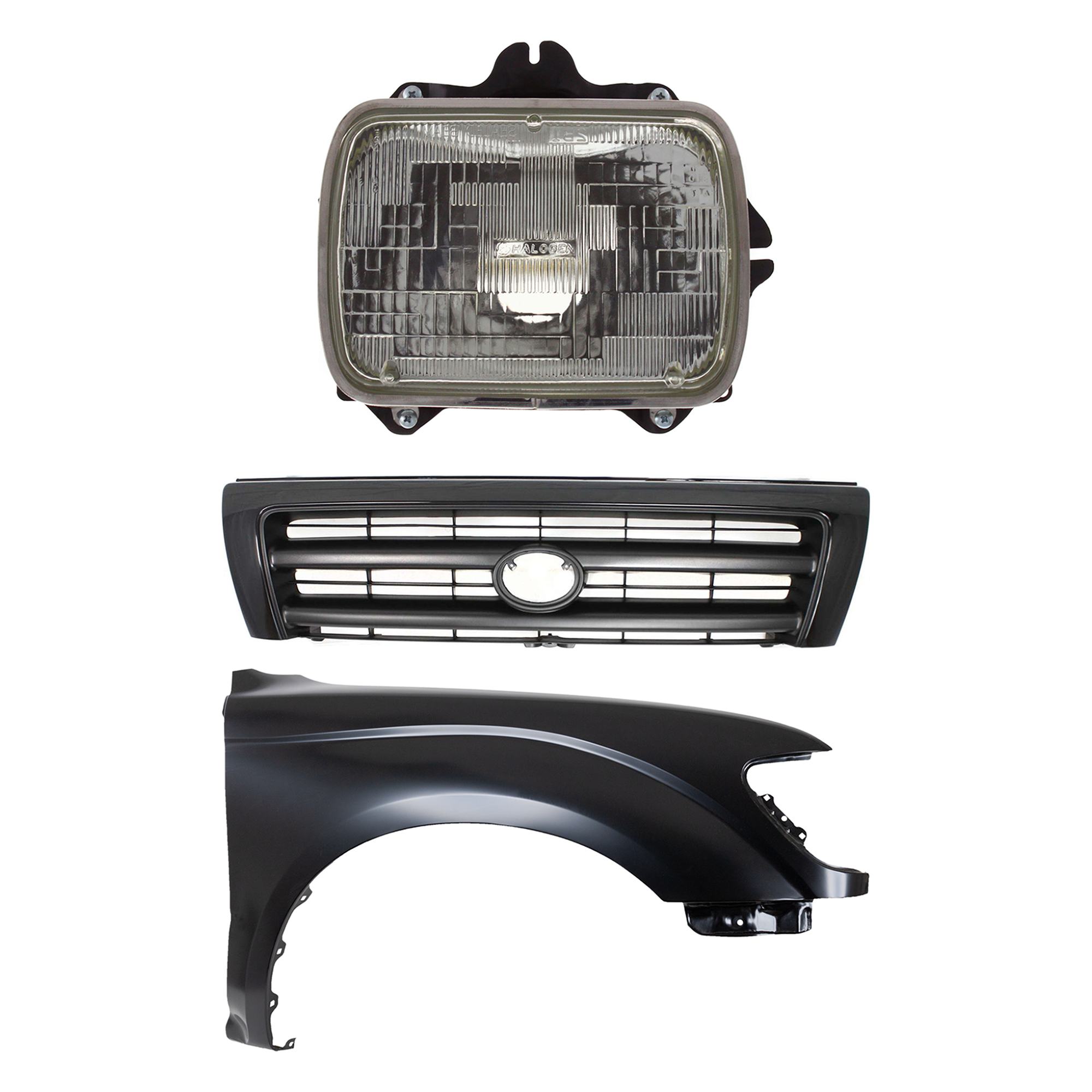 AM TACOMA 97-97 FRONT FENDER RH Primed 3 pc Kit with Grille and Headlight SKU KIT 031323-14701 Partslink TO1241161 TO1200211 TO2501117 OEM 5381104070-5310004110C0-811108