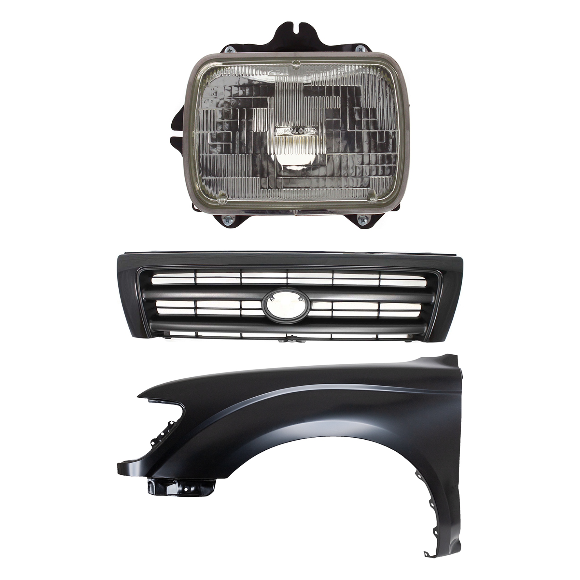 AM TACOMA 97-97 FRONT FENDER LH Primed 3 pc Kit with Grille and Headlight SKU KIT 031323-14702 Partslink TO1240161 TO1200211 TO2500113 OEM 5381204070-5310004110C0-811508