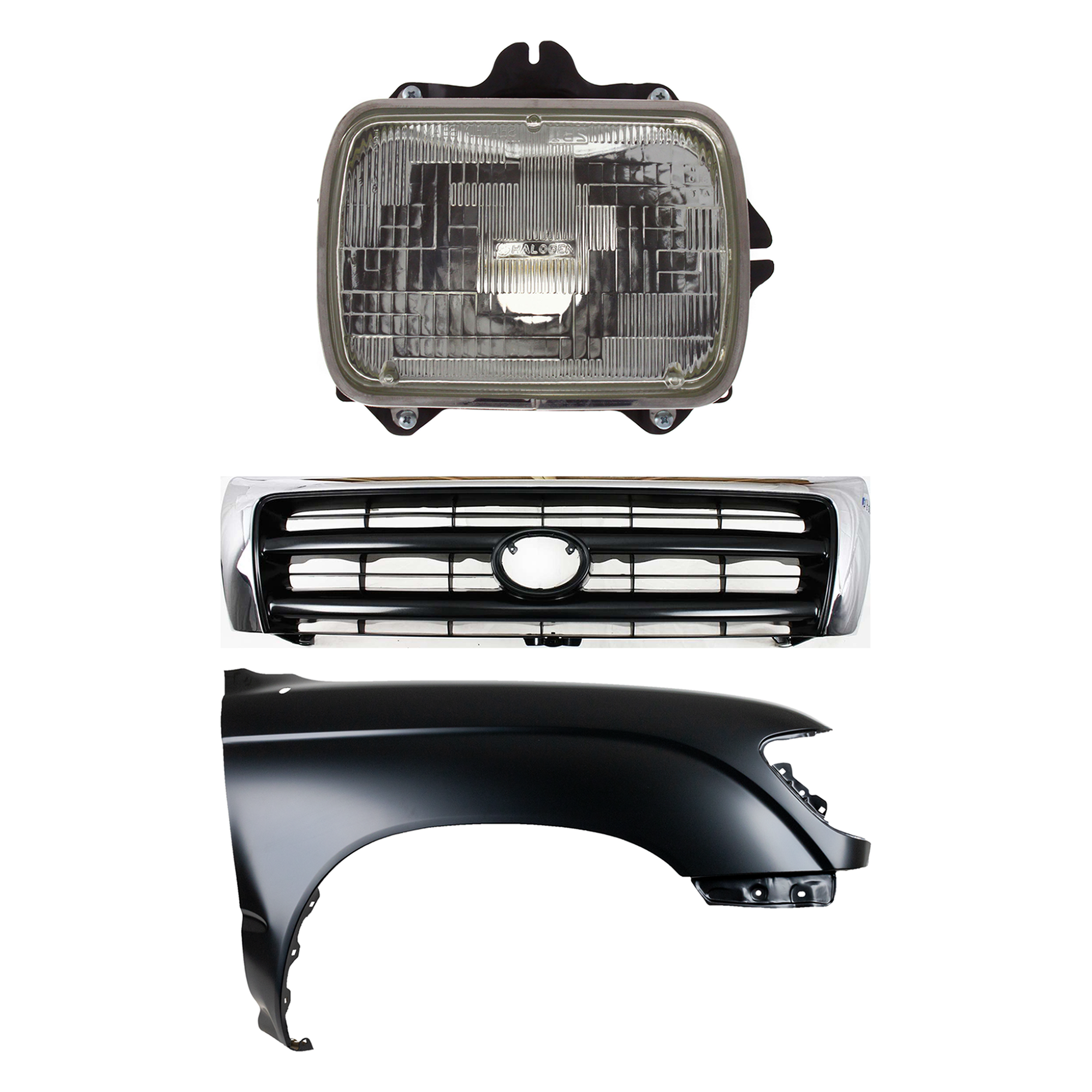 AM TACOMA 97-97 FRONT FENDER RH Primed 3 pc Kit with Grille and Headlight SKU KIT 031323-14901 Partslink TO1241157 TO1200213 TO2501117 OEM 5381104061-5310004100-81110891