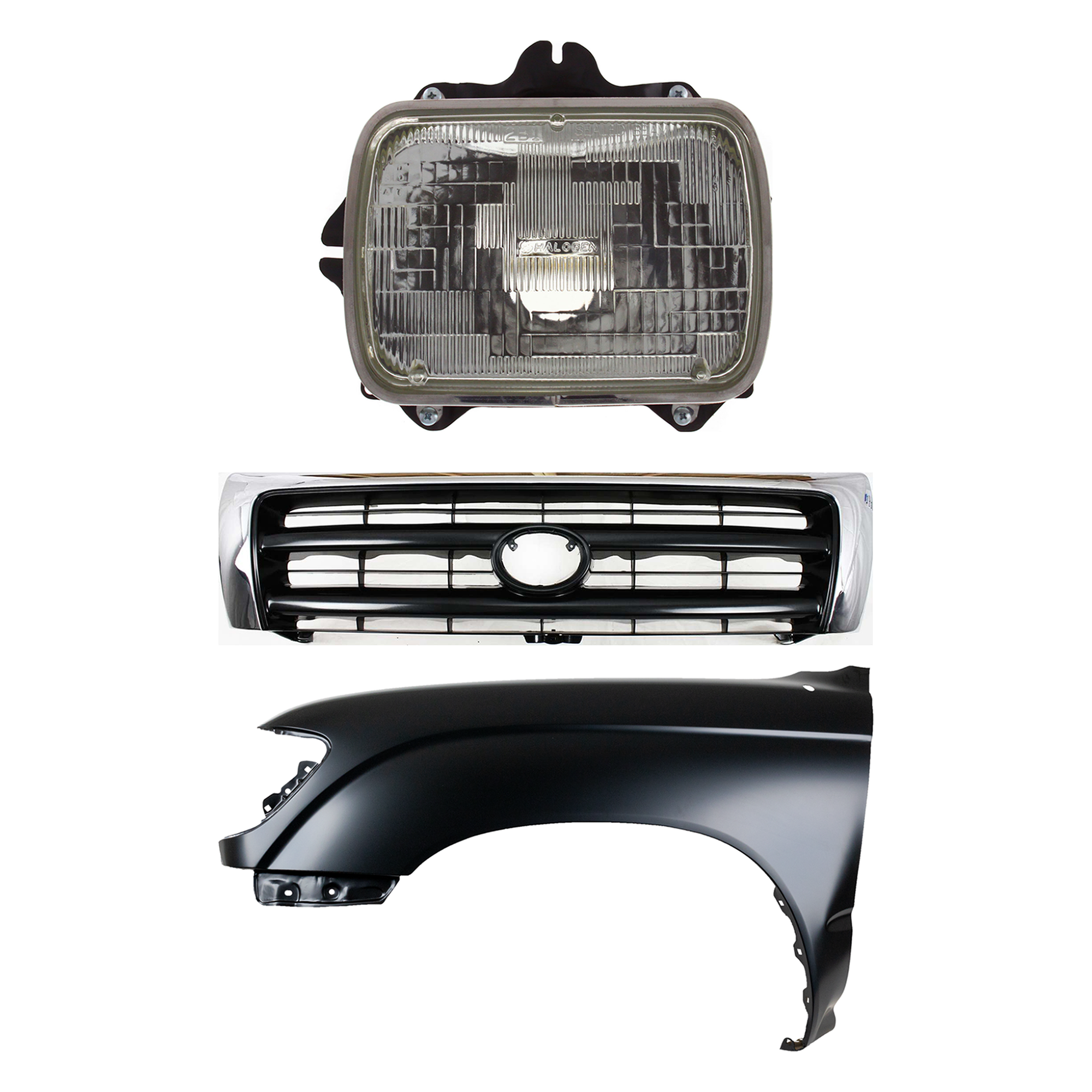 AM TACOMA 97-97 FRONT FENDER LH Primed 3 pc Kit with Grille and Headlight SKU KIT 031323-14902 Partslink TO1240158 TO1200213 TO2500113 OEM 5381204061-5310004100-81150891