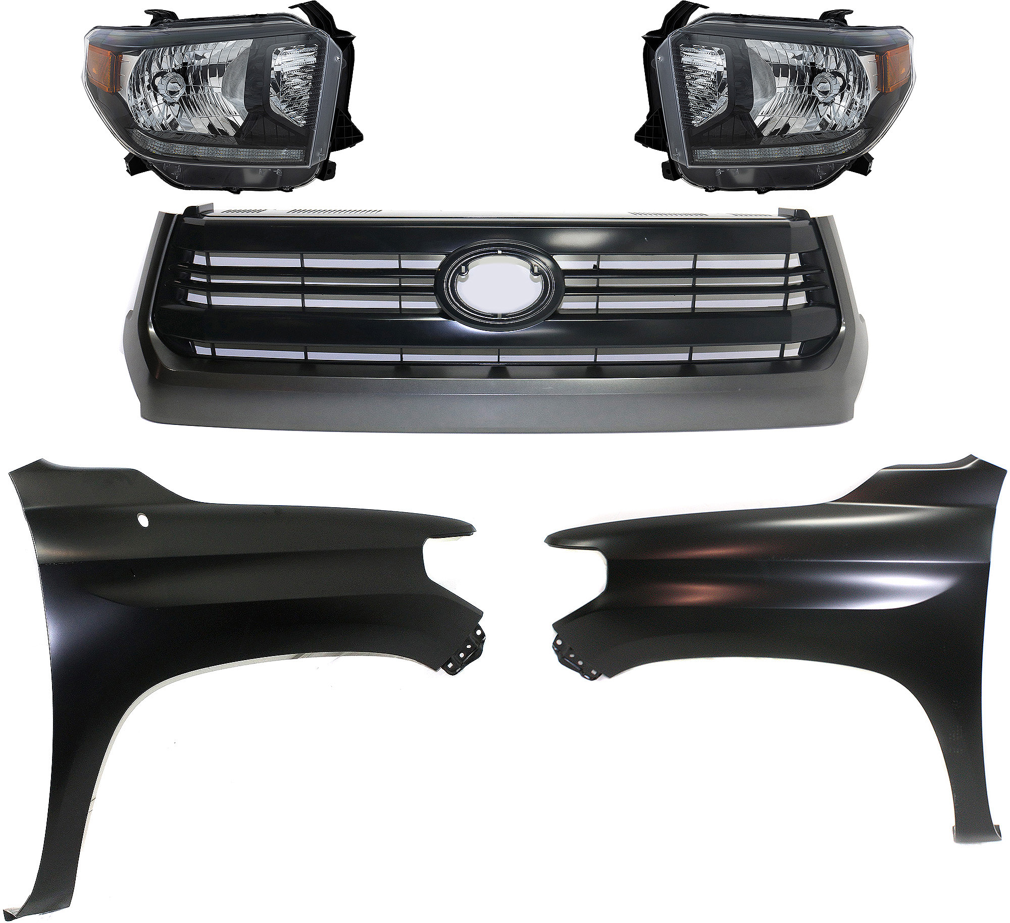 AM TUNDRA 14-17 HEAD LAMP RH AND LH Assembly LED 5 pc Kit with Fenders and Grille Assembly SKU KIT 031323-14 Partslink TO2505126 TO1241249 TO1240249 TO1200372 OEM 811500C090-811100C090-538110C0