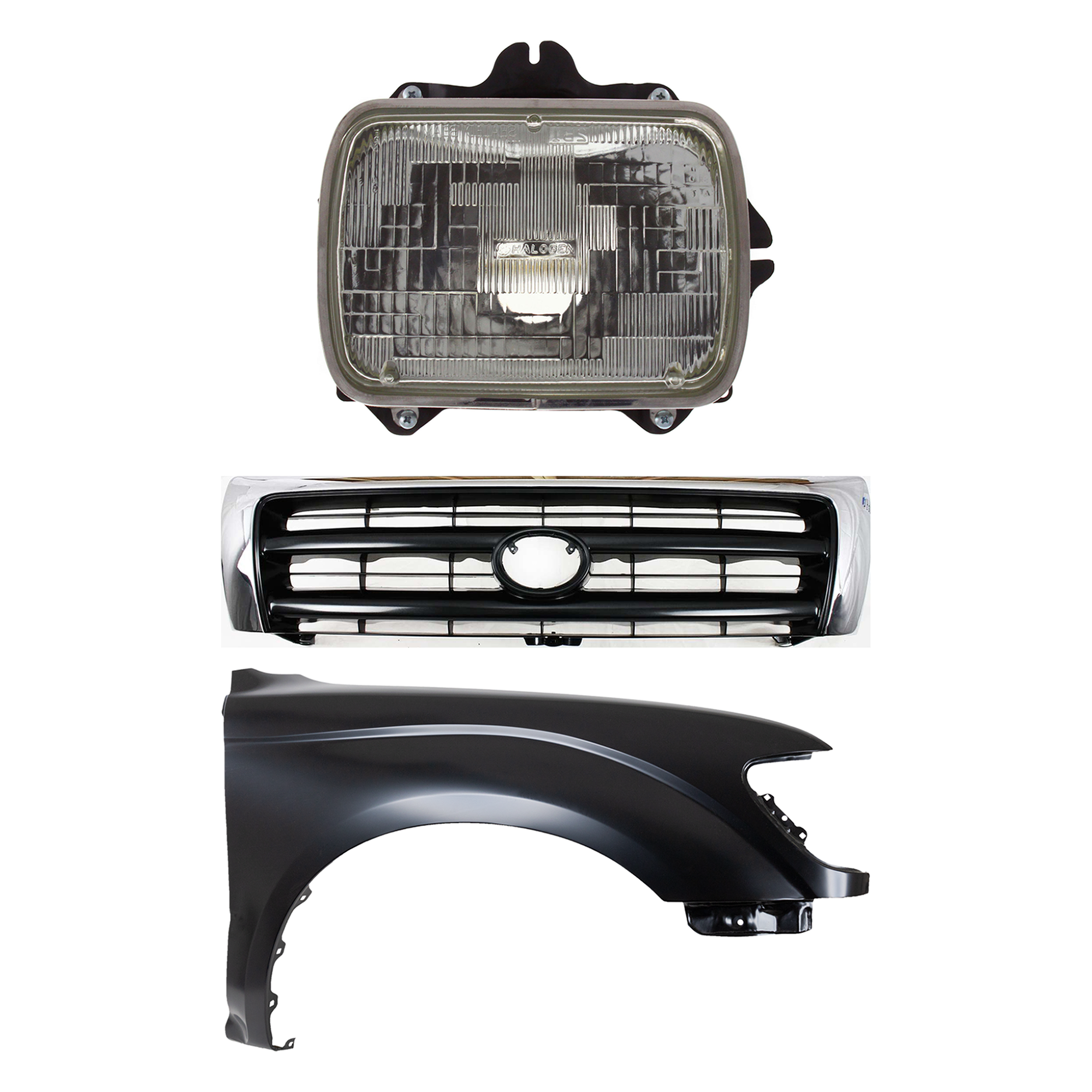 AM TACOMA 97-97 FRONT FENDER RH Primed 3 pc Kit with Grille and Headlight SKU KIT 031323-15001 Partslink TO1241161 TO1200213 TO2501117 OEM 5381104070-5310004100-81110891