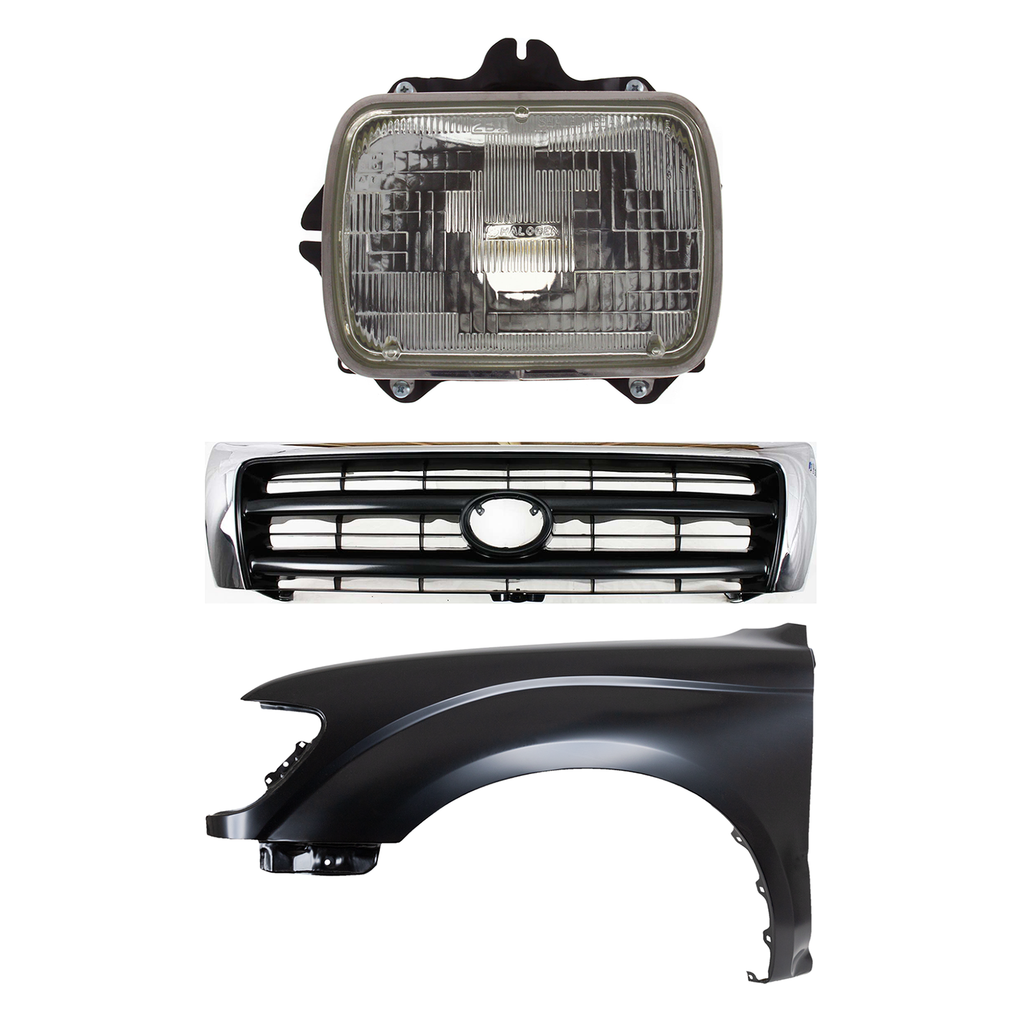 AM TACOMA 97-97 GRILLE Chrome Shell with Painted Dark Silver Insert 3 pc Kit with Fender and Headlight SKU KIT 031323-15002 Partslink TO1200213 TO1240161 TO2500113 OEM 5310004100-5381204070-81150891