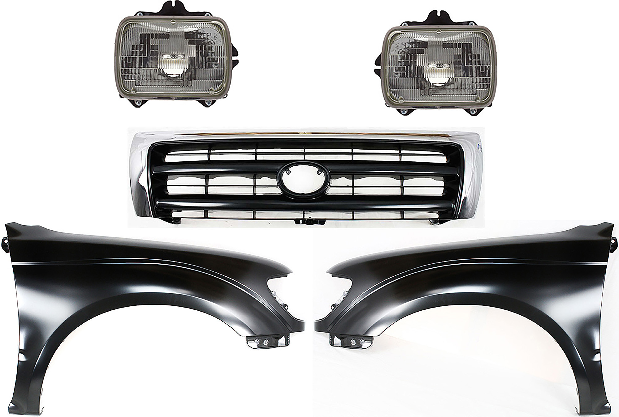 AM TACOMA 97-97 GRILLE Chrome Shell with Painted Dark Silver Insert 5 pc Kit with Fenders and Headlights SKU KIT 031323-150 Partslink TO1200213 TO1240161 TO1241161 TO2501117 TO2500113 OEM 5310004100-5381204070-53811040