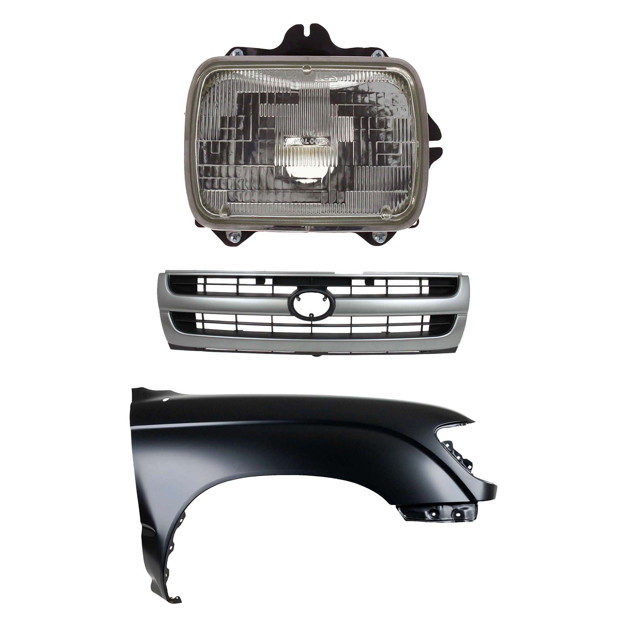 AM TACOMA 97-97 FRONT FENDER RH Primed 3 pc Kit with Grille and Headlight SKU KIT 031323-15101 Partslink TO1241157 TO1200204 TO2501117 OEM 5381104061-5310004060-81110891