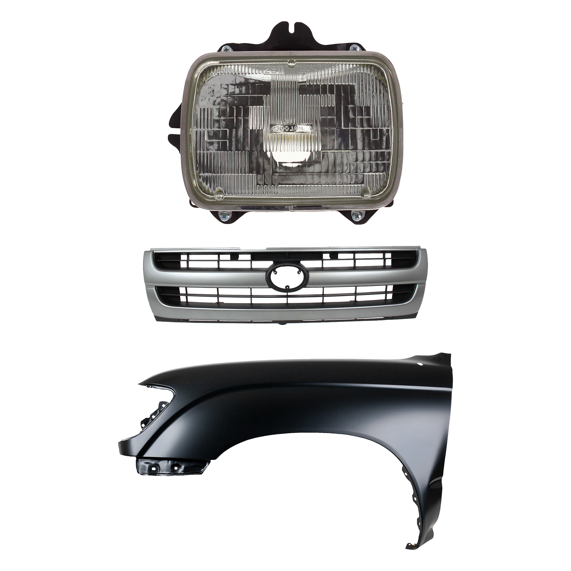 AM TACOMA 97-97 FRONT FENDER LH Primed 3 pc Kit with Grille and Headlight SKU KIT 031323-15102 Partslink TO1240158 TO1200204 TO2500113 OEM 5381204061-5310004060-81150891