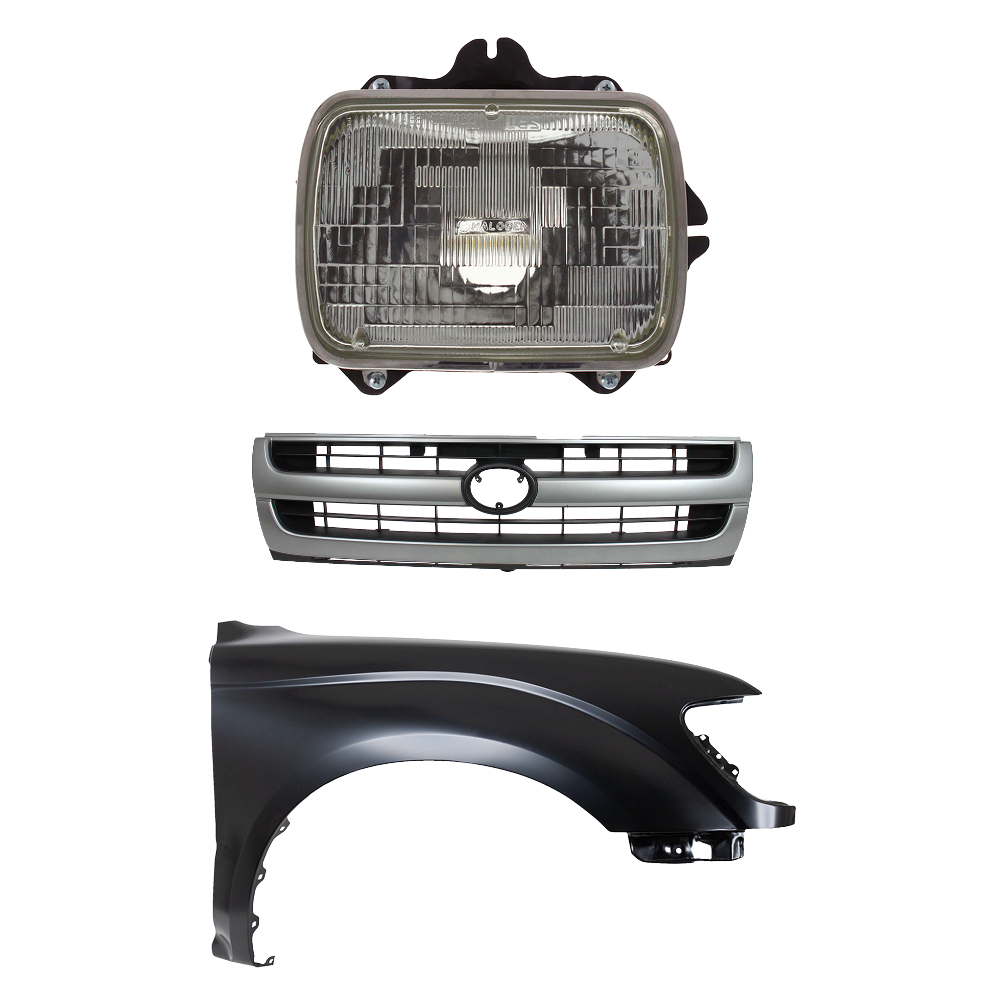 AM TACOMA 97-97 FRONT FENDER RH Primed 3 pc Kit w Grille and Headlight SKU KIT 031323-15201 Partslink TO1241161 TO1200204 TO2501117 OEM 5381104070-5310004060-81110891
