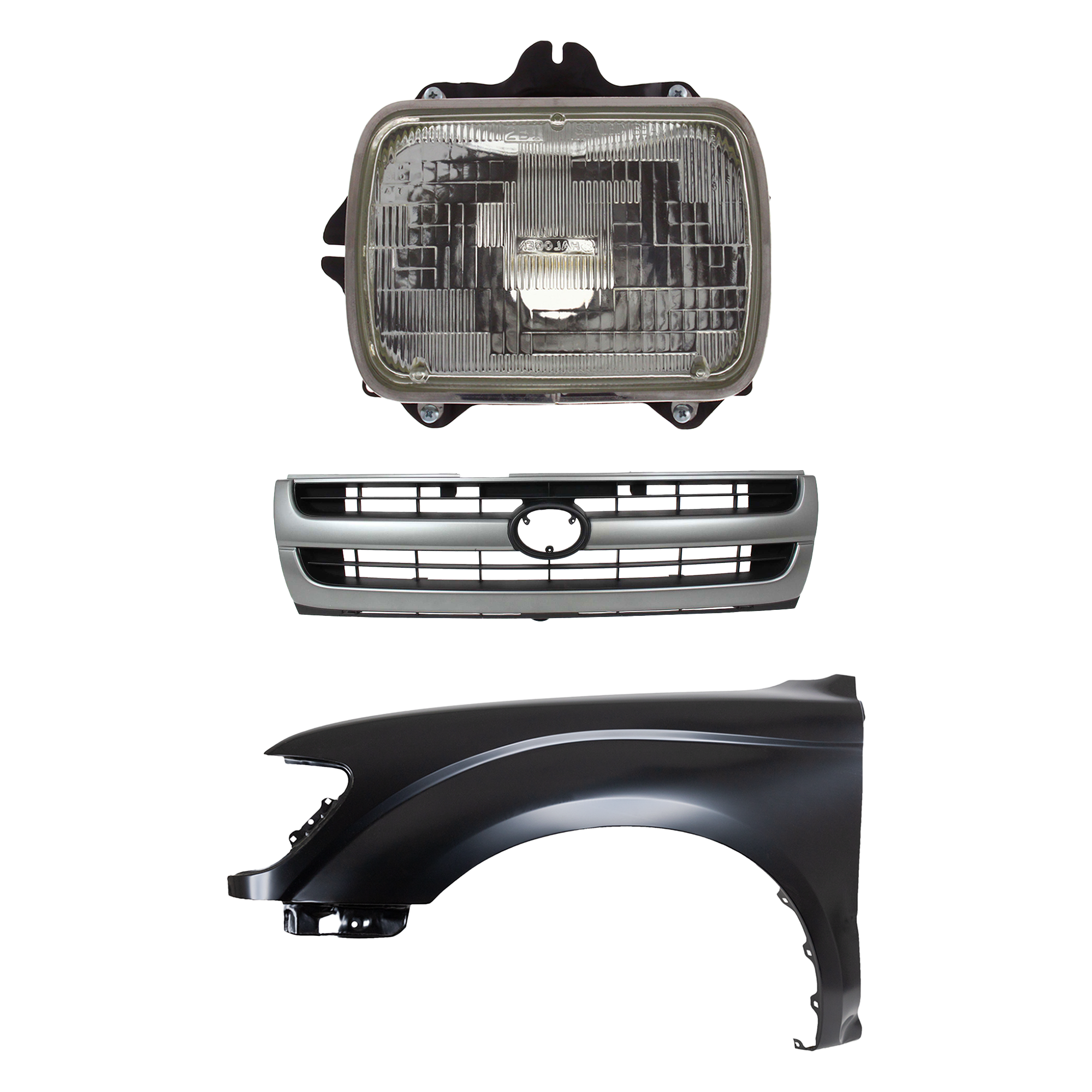 AM TACOMA 97-97 FRONT FENDER LH Primed 3 pc Kit w Grille and Headlight SKU KIT 031323-15202 Partslink TO1240161 TO1200204 TO2500113 OEM 5381204070-5310004060-81150891