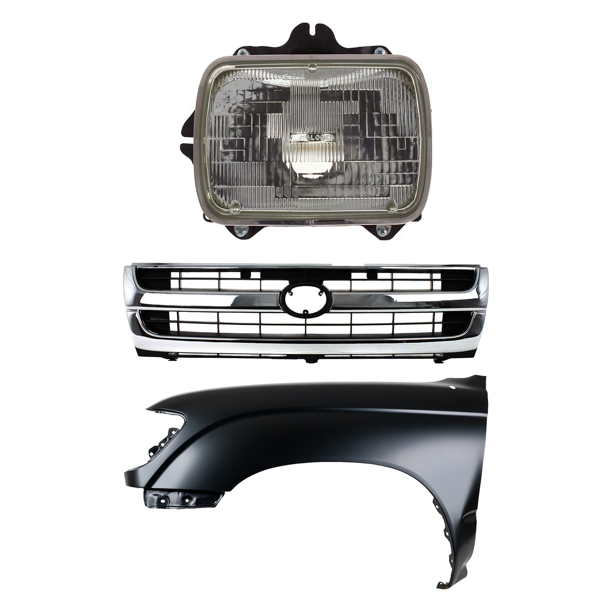AM TACOMA 97-97 FRONT FENDER LH Primed 3 pc Kit with Grille and Headlight SKU KIT 031323-15302 Partslink TO1240158 TO1200205 TO2500113 OEM 5381204061-5310004070-81150891