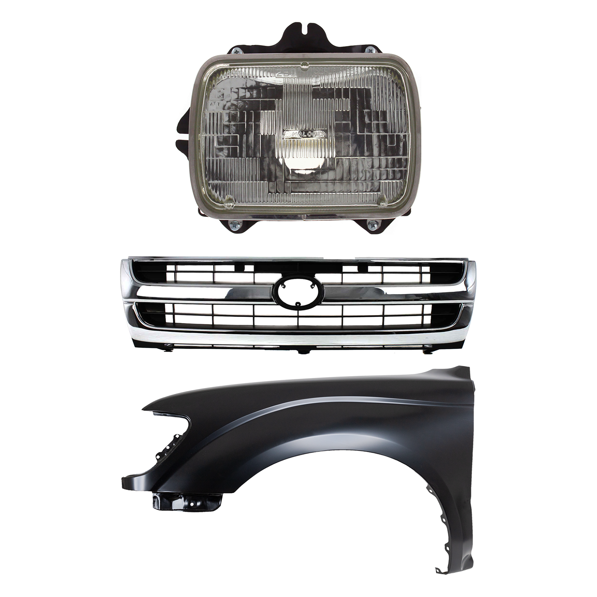 AM TACOMA 97-97 FRONT FENDER LH Primed 3 pc Kit w Grille and Headlight SKU KIT 031323-15402 Partslink TO1240161 TO1200205 TO2500113 OEM 5381204070-5310004070-81150891