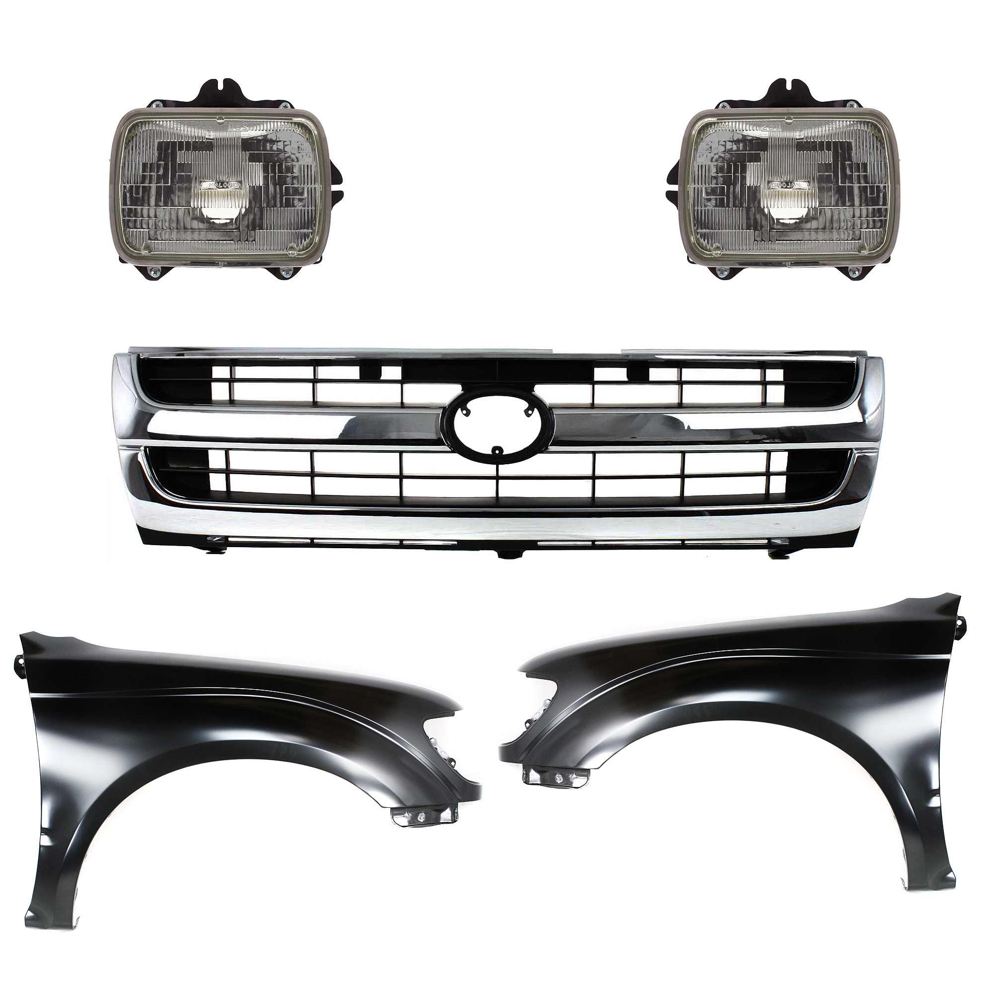 AM TACOMA 97-97 FRONT FENDER RH AND LH Primed 5 pc Kit w Grille and Headlights SKU KIT 031323-154 Partslink TO1240161 TO1241161 TO1200205 TO2501117 TO2500113 OEM 5381104070-5381204070-53100040