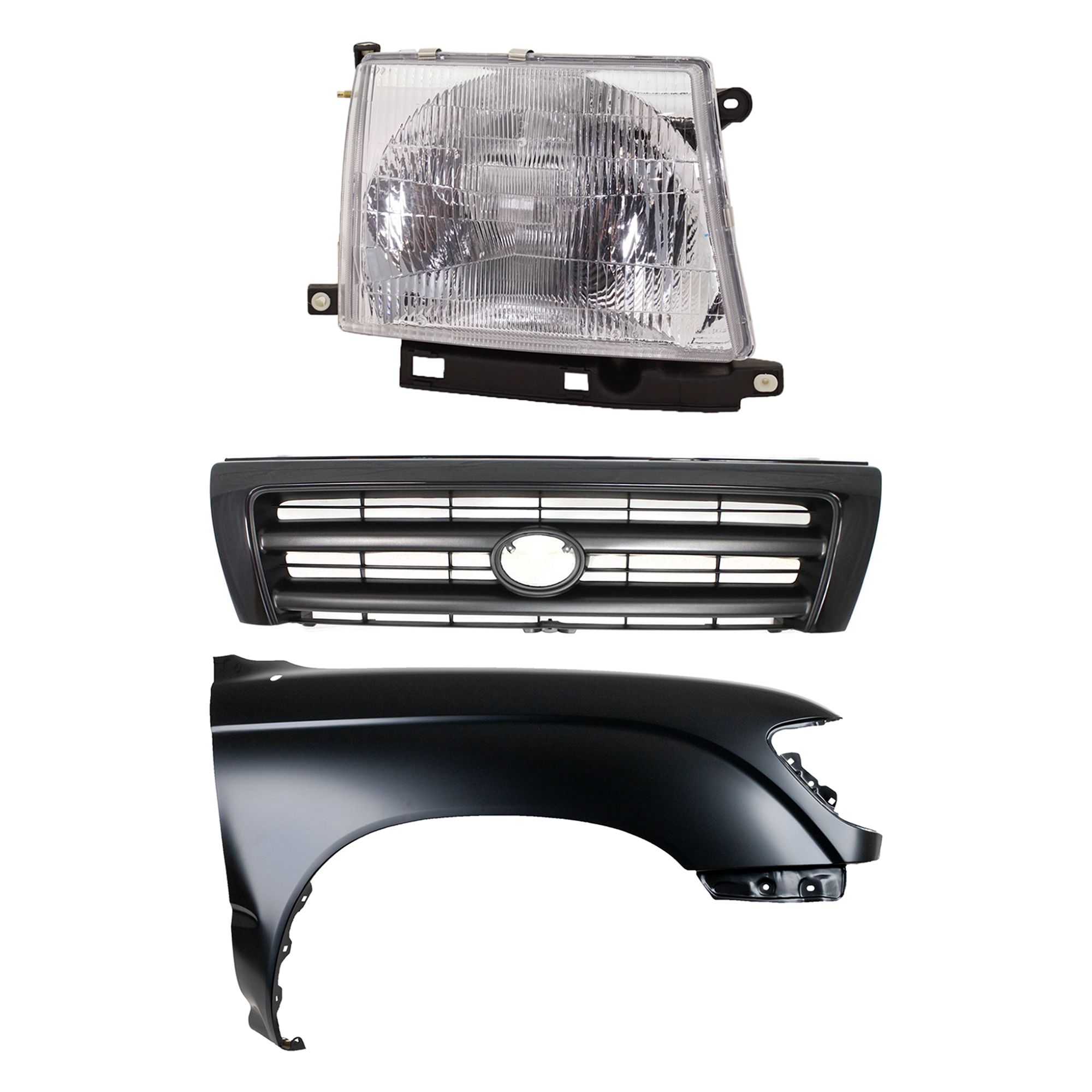 AM TACOMA 97-00 FRONT FENDER RH Primed 3 pc Kit with Grille and Headlight SKU KIT 031323-15501 Partslink TO1241157 TO1200211 TO2503120 OEM 5381104061-5310004110C0-811100