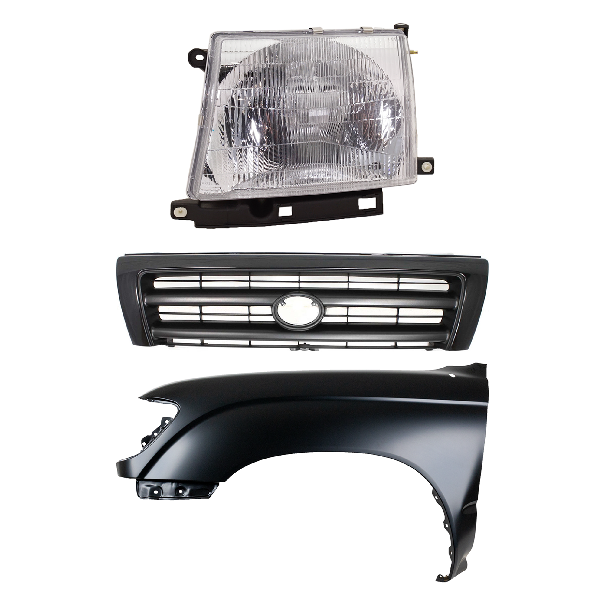 AM TACOMA 97-00 FRONT FENDER LH Primed 3 pc Kit with Grille and Headlight SKU KIT 031323-15502 Partslink TO1240158 TO1200211 TO2502120 OEM 5381204061-5310004110C0-811500