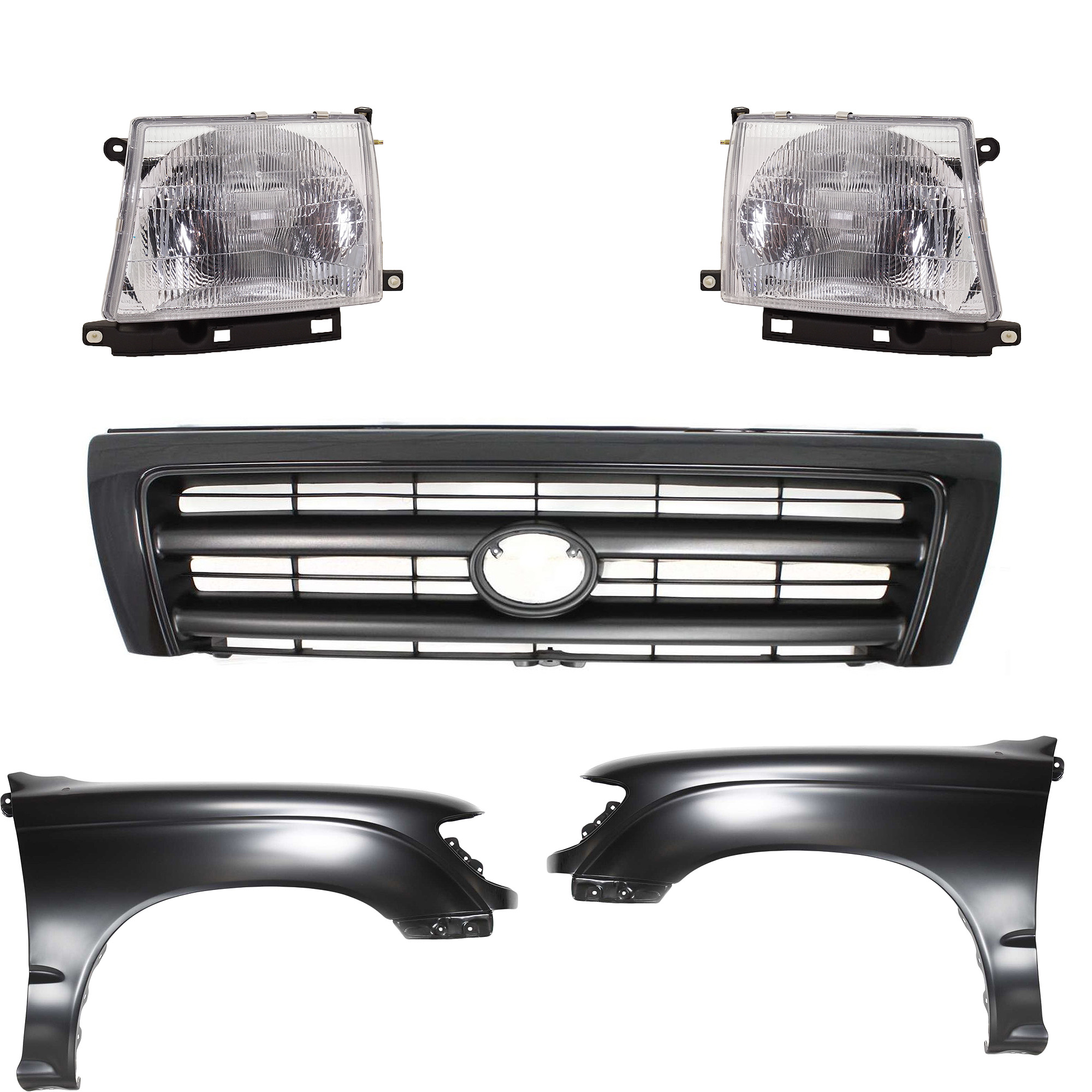 AM TACOMA 97-00 FRONT FENDER RH AND LH Primed 5 pc Kit with Grille and Headlights SKU KIT 031323-155 Partslink TO1240158 TO1241157 TO1200211 TO2502120 TO2503120 OEM 5381104061-5381204061-53100041